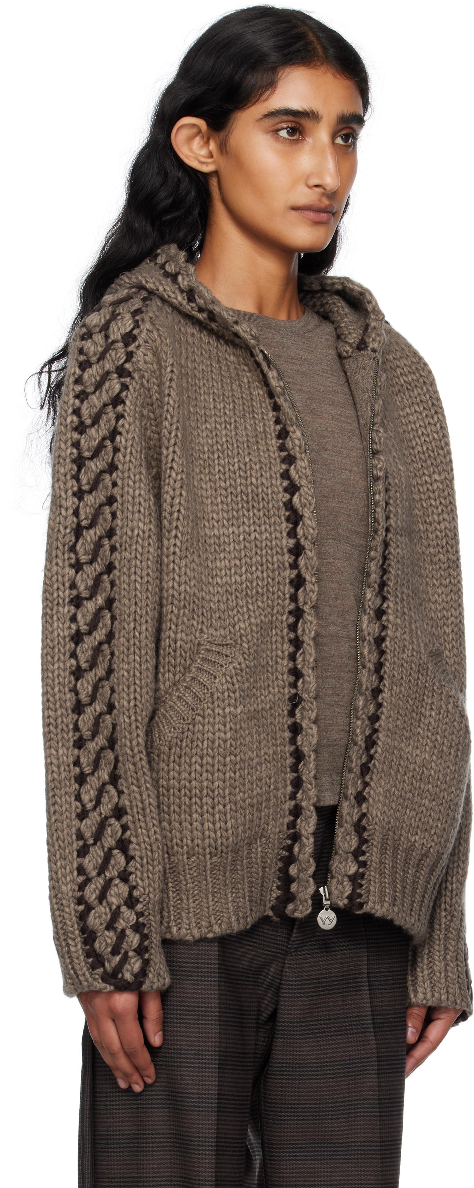 Open Yy Brown Stitch Zip Up Knit Hoodie In Brown