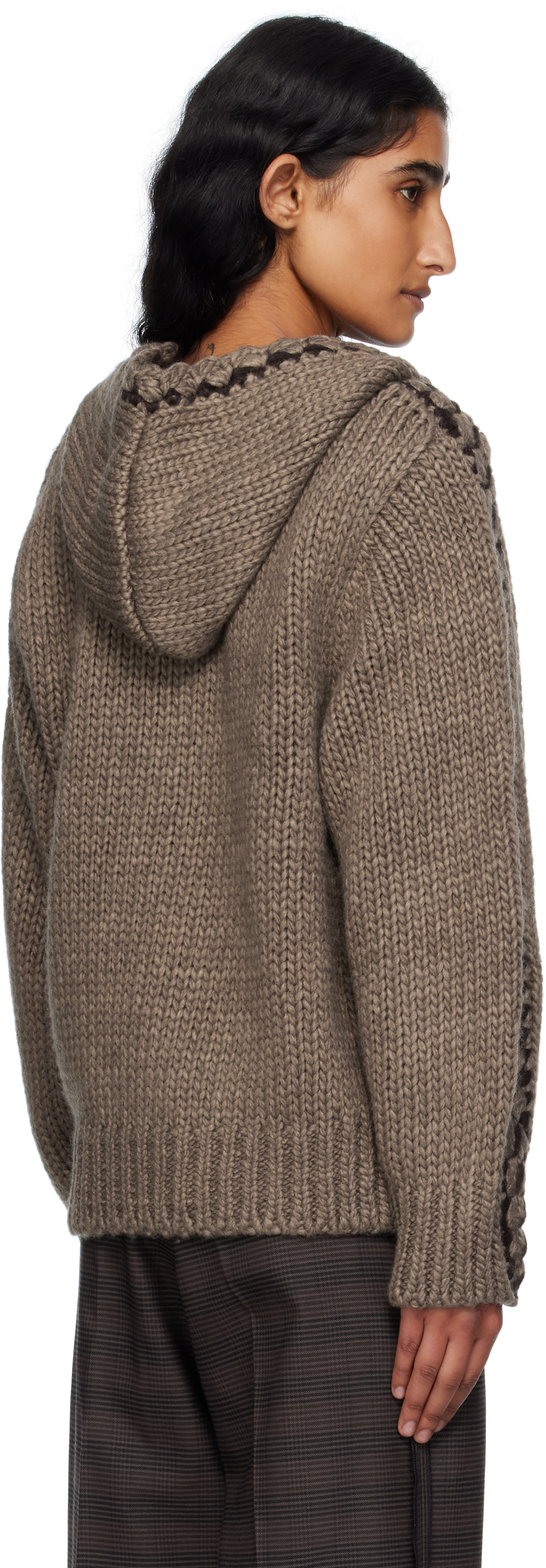 Open Yy Brown Stitch Zip Up Knit Hoodie In Brown