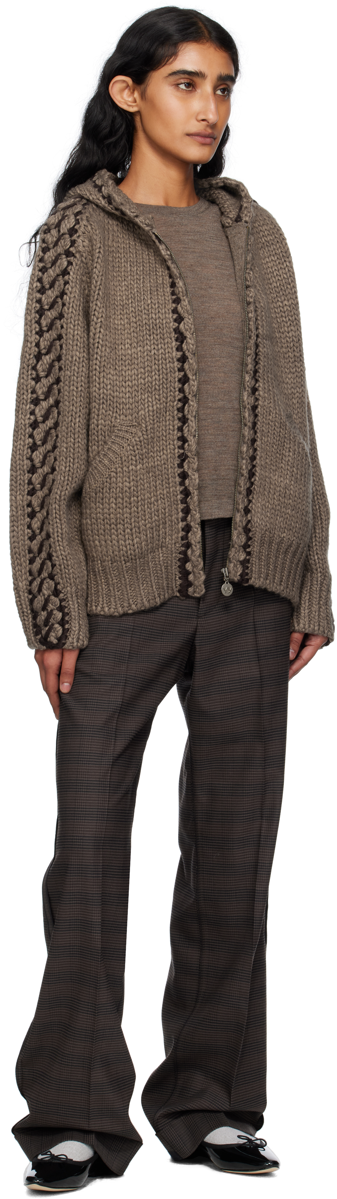 Open Yy Brown Stitch Zip Up Knit Hoodie In Brown