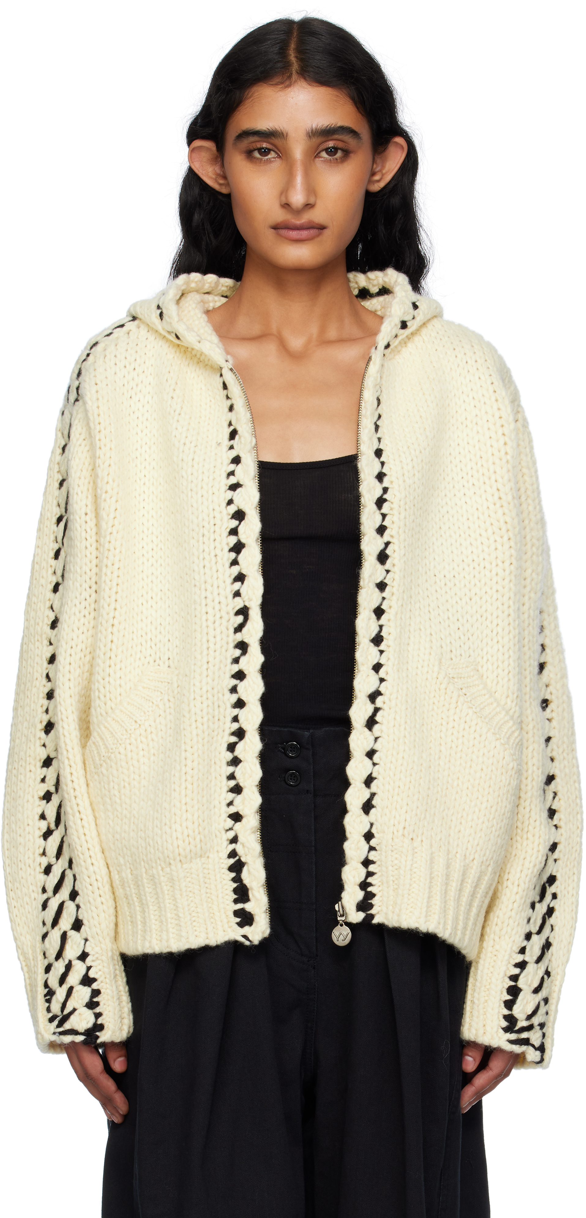 Open Yy Beige Stitch Zip Up Knit Hoodie In White
