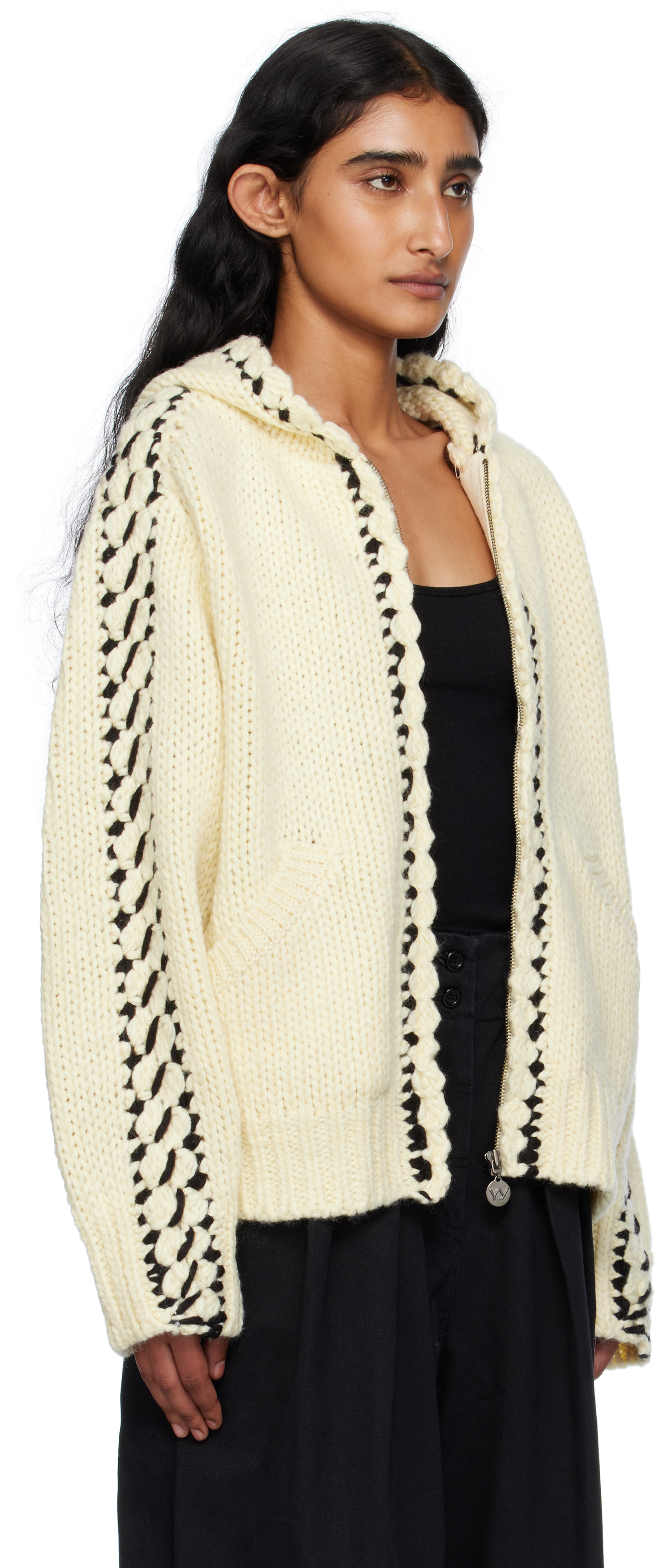 Open Yy Beige Stitch Zip Up Knit Hoodie In Neutral