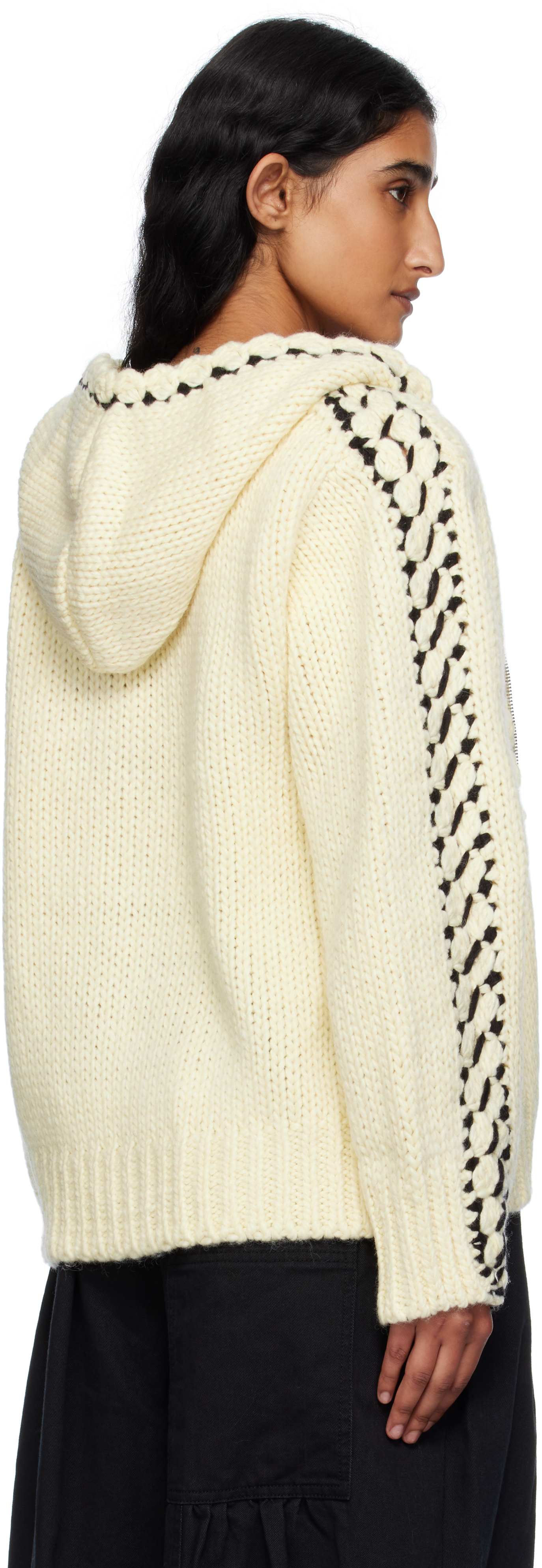 Open Yy Beige Stitch Zip Up Knit Hoodie In Neutral