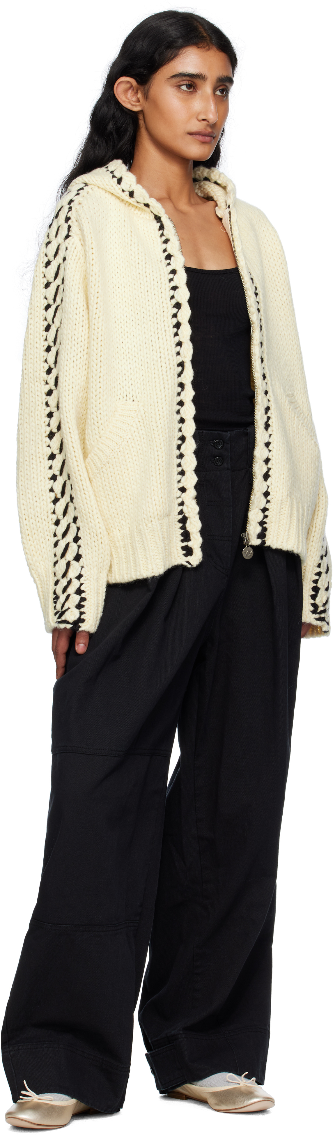 Open Yy Beige Stitch Zip Up Knit Hoodie In Neutral