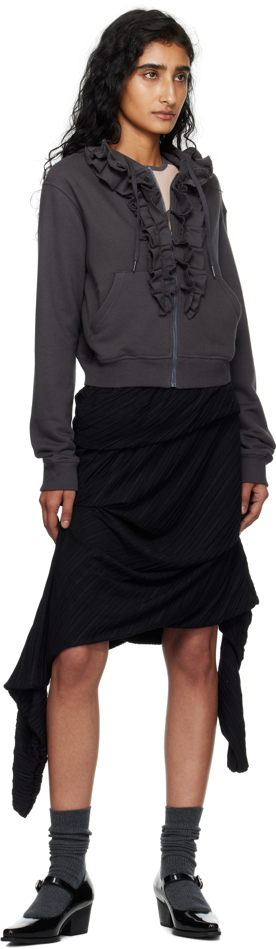 Open Yy Gray Ruffle Hoodie In Blue