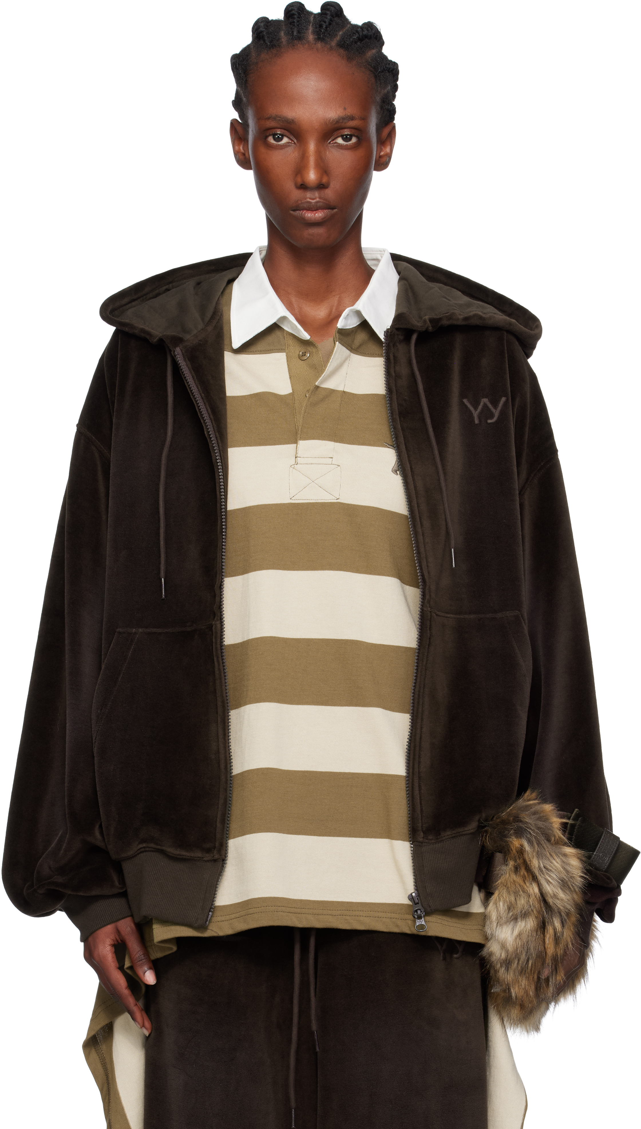 Open Yy Brown Velour Box Hoodie In Black