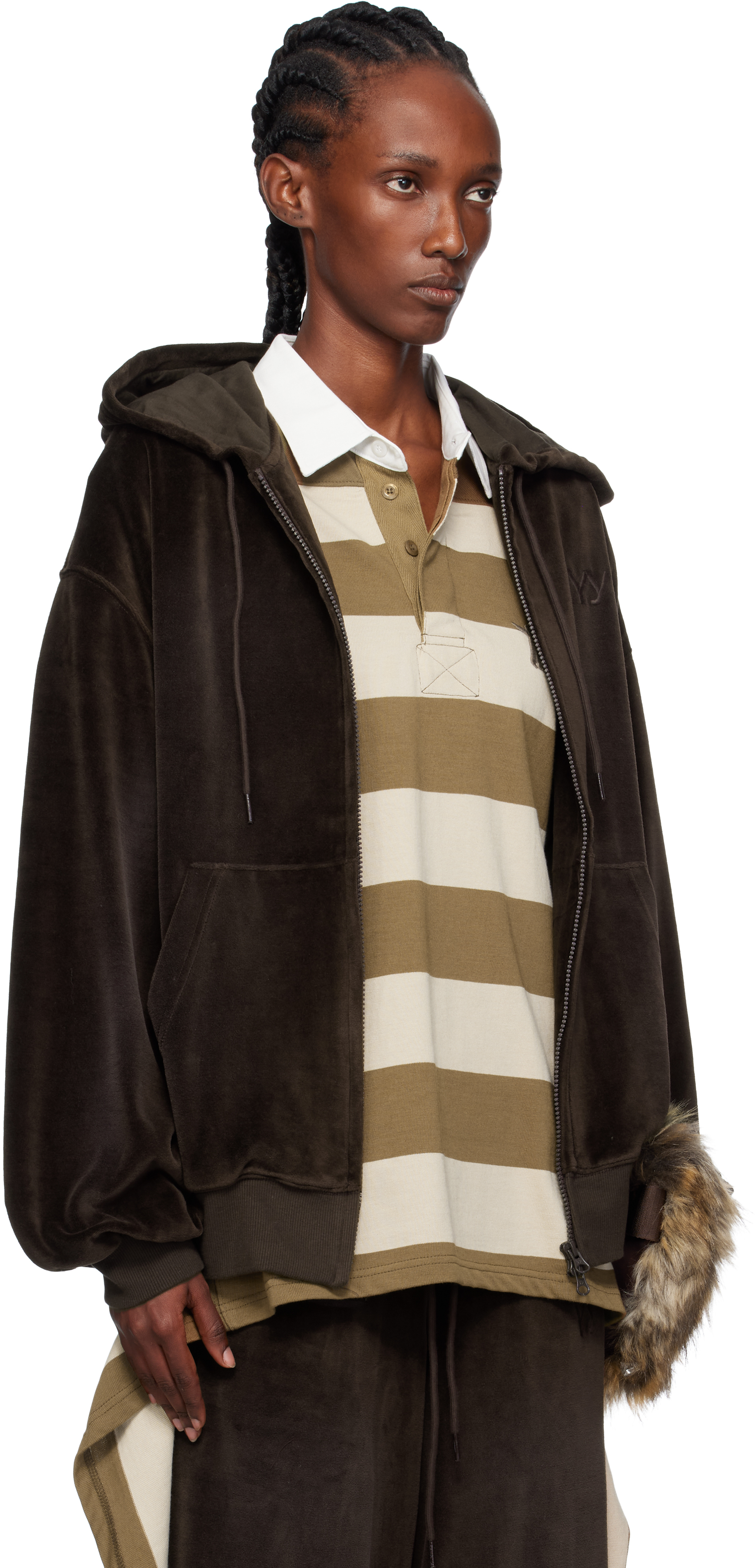 Open Yy Brown Velour Box Hoodie In Black