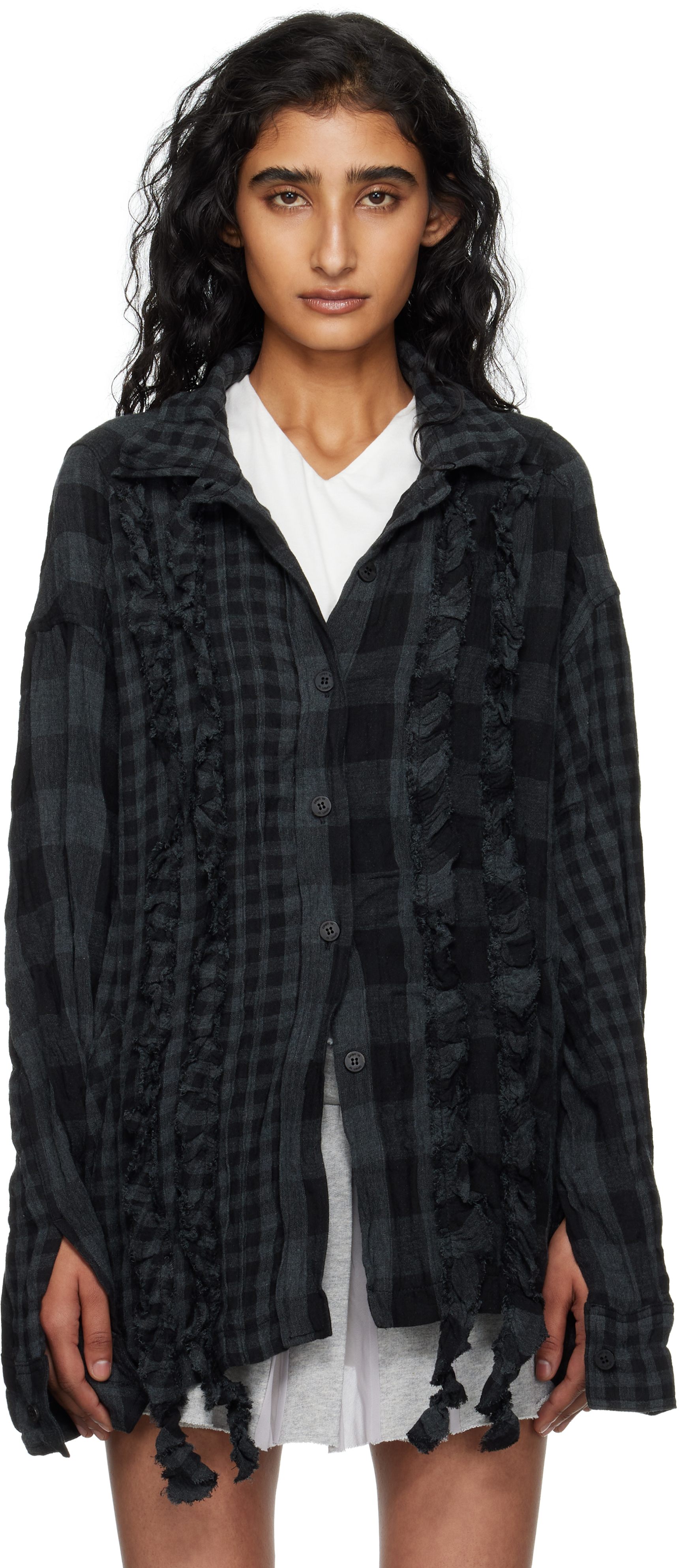 OPEN YY: Black & Gray Crinkled Ruffle Shirt | SSENSE