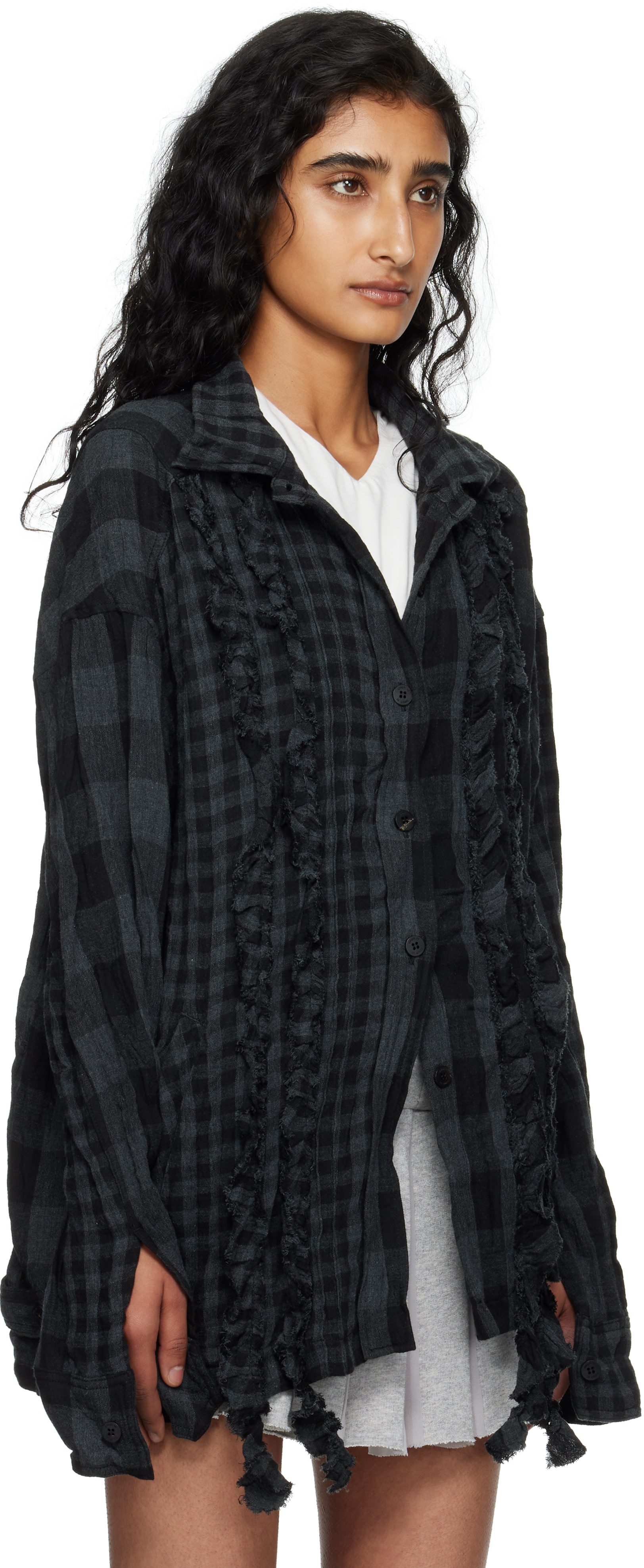 Open Yy Black & Gray Crinkled Ruffle Shirt In Blue