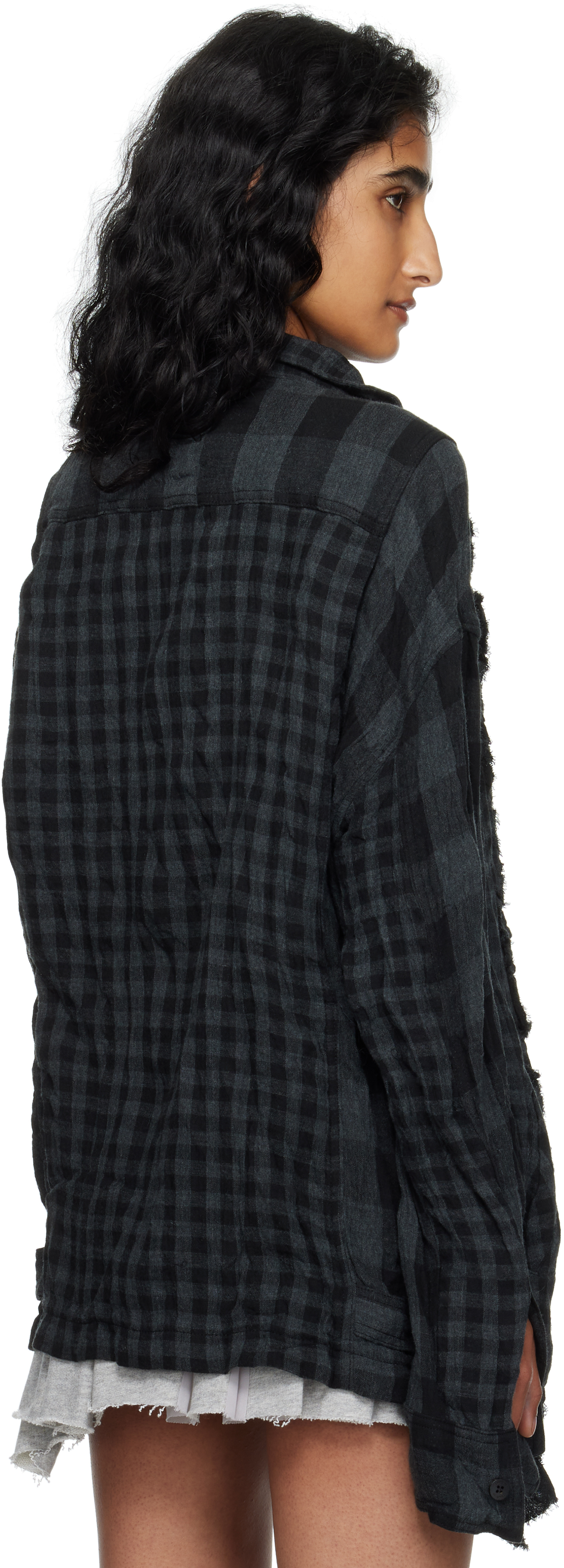 Open Yy Black & Gray Crinkled Ruffle Shirt In Blue