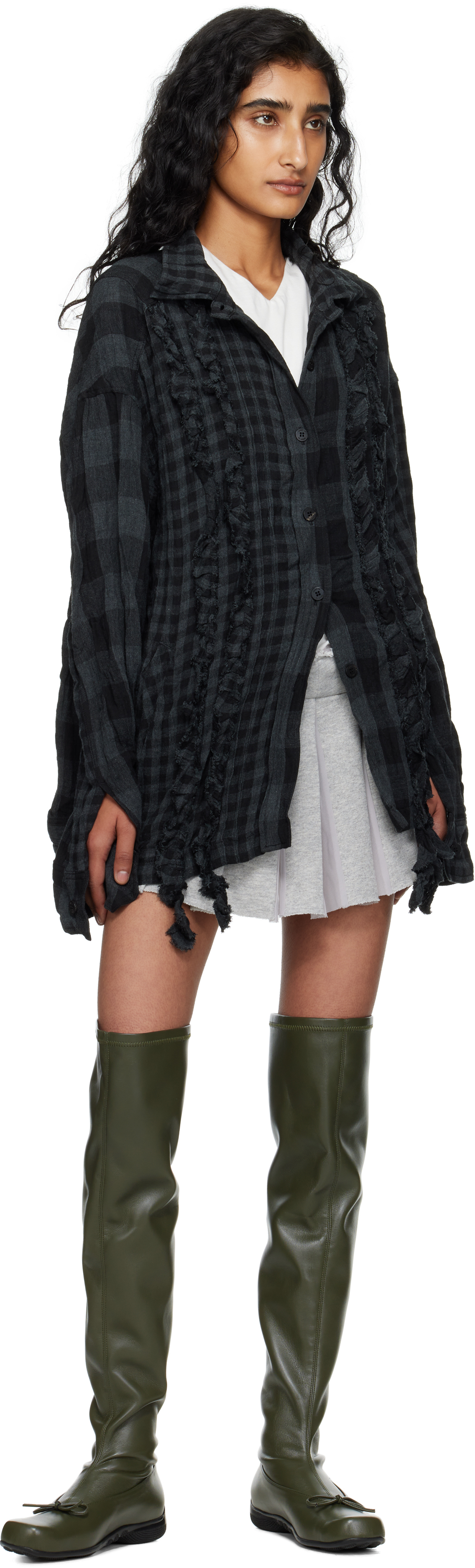 Open Yy Black & Gray Crinkled Ruffle Shirt In Blue