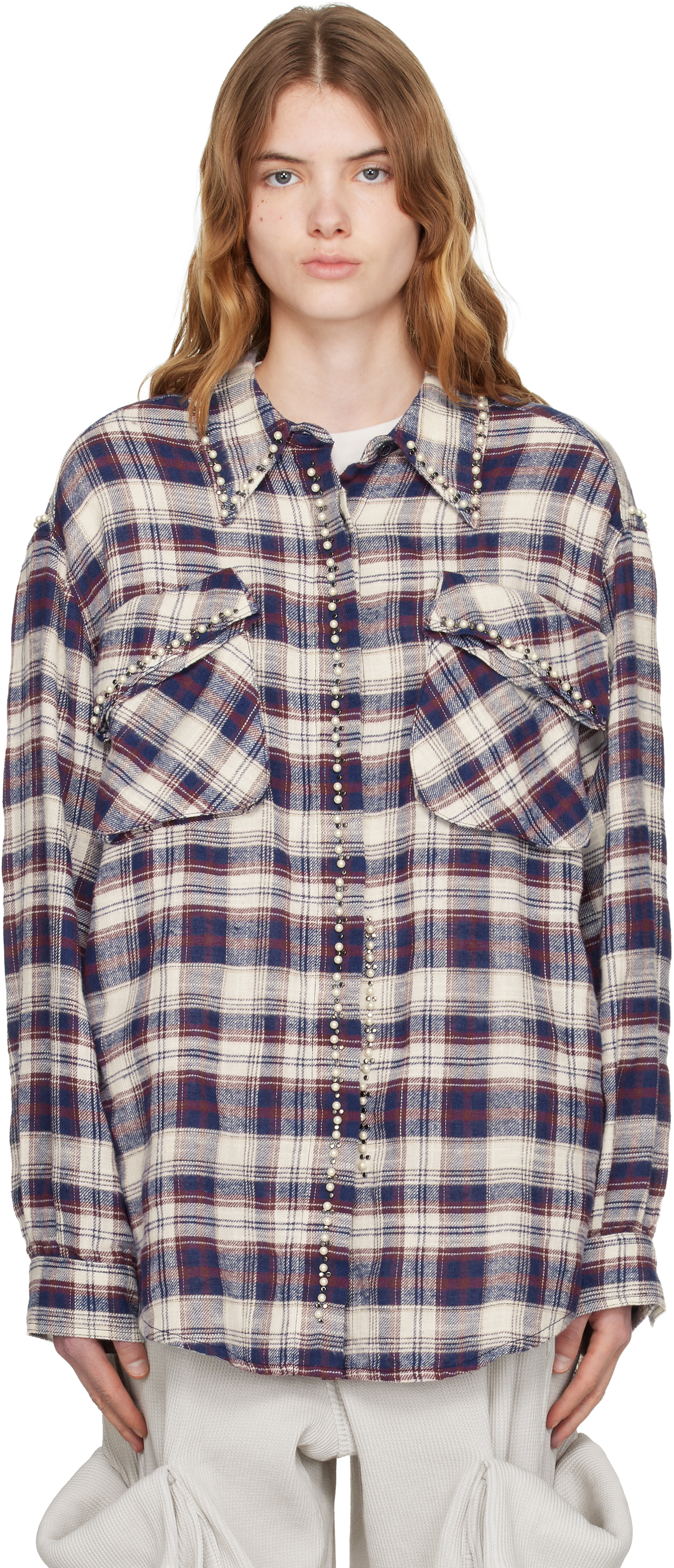 OPEN YY: Red & White Beaded Pocket Shirt | SSENSE
