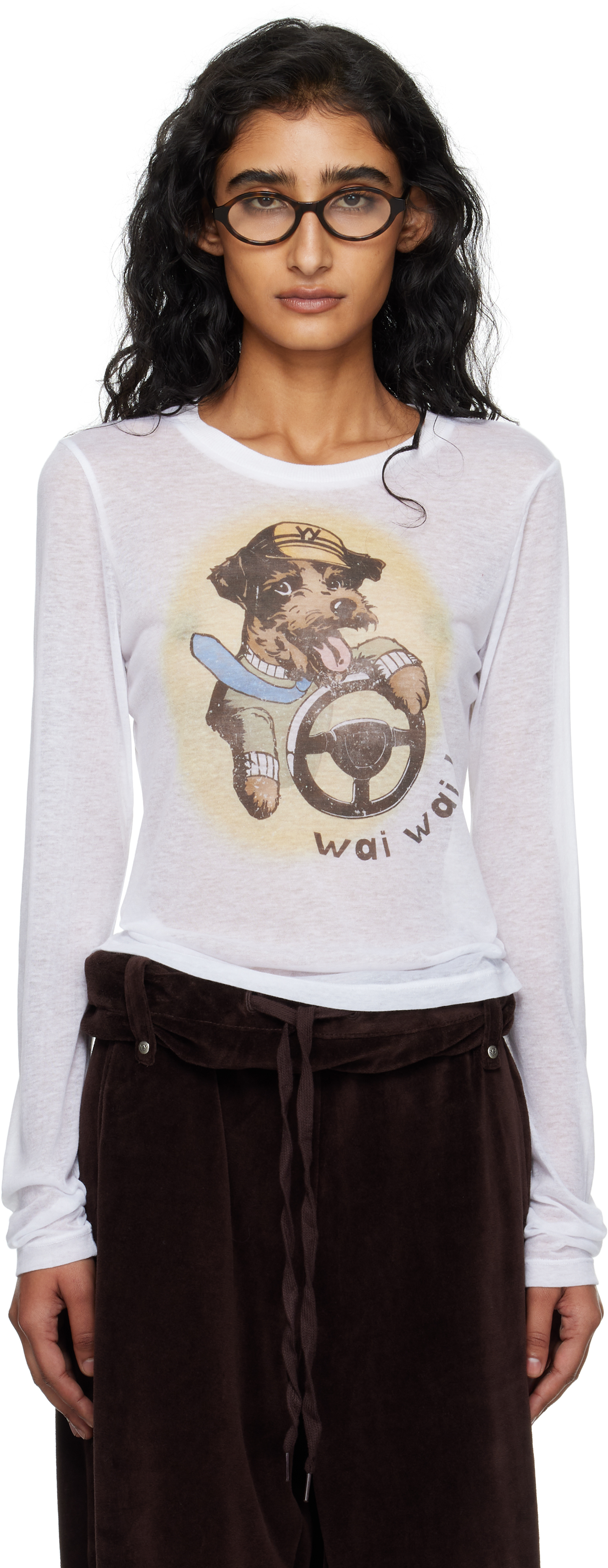 Open Yy White Pet Club Sheer Long Sleeve T-shirt In White