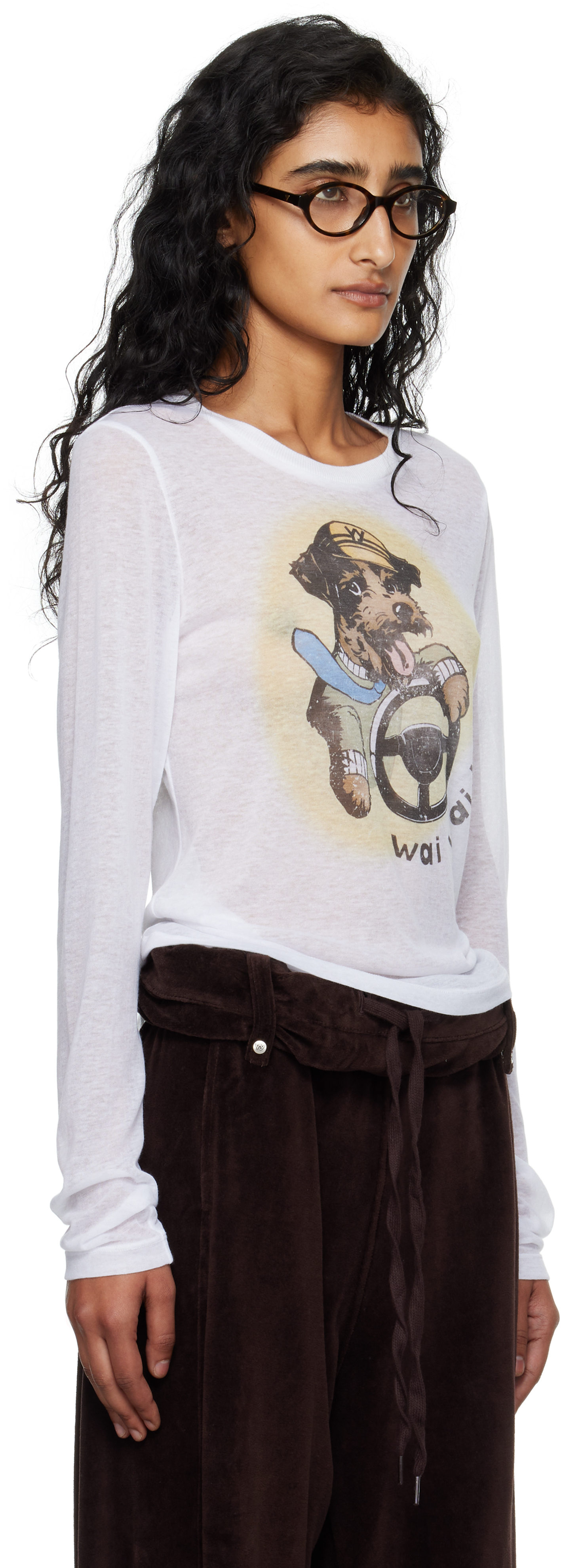 Open Yy White Pet Club Sheer Long Sleeve T-shirt In White