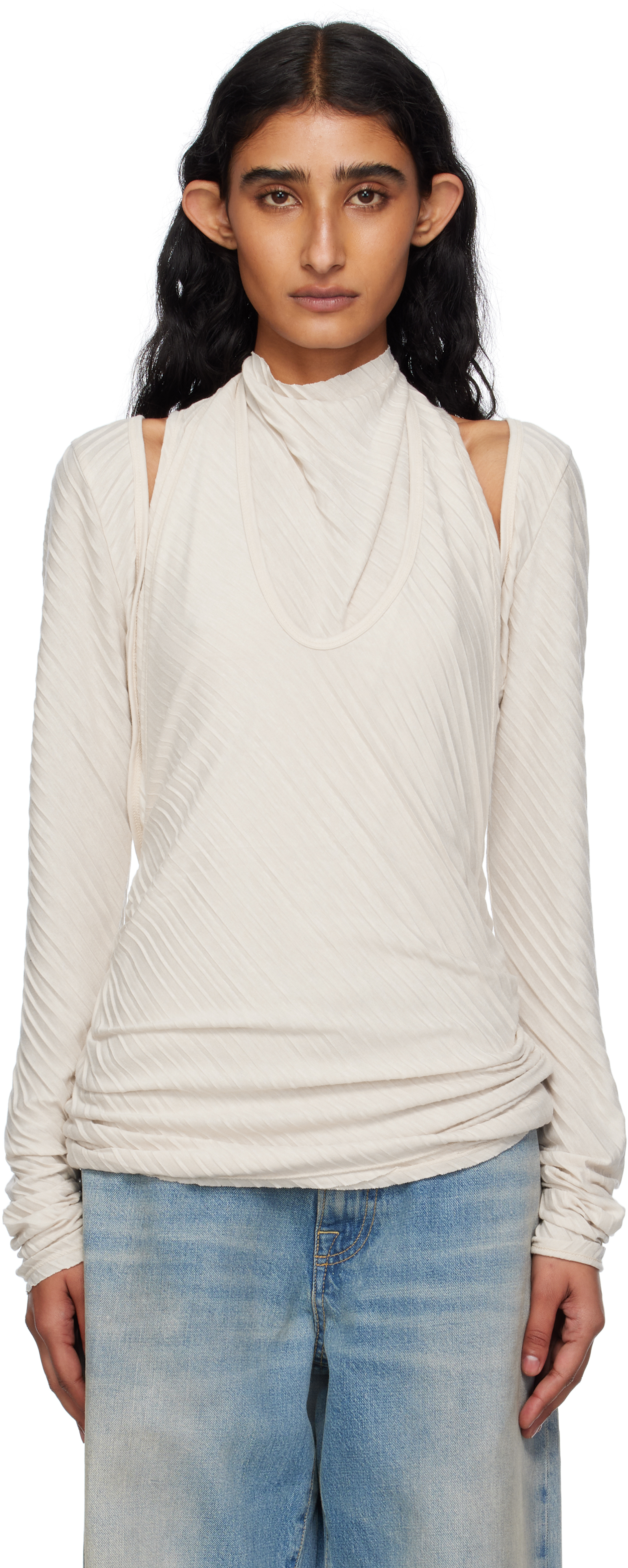 Open Yy Off-white Pleats Convertible Bolero Top