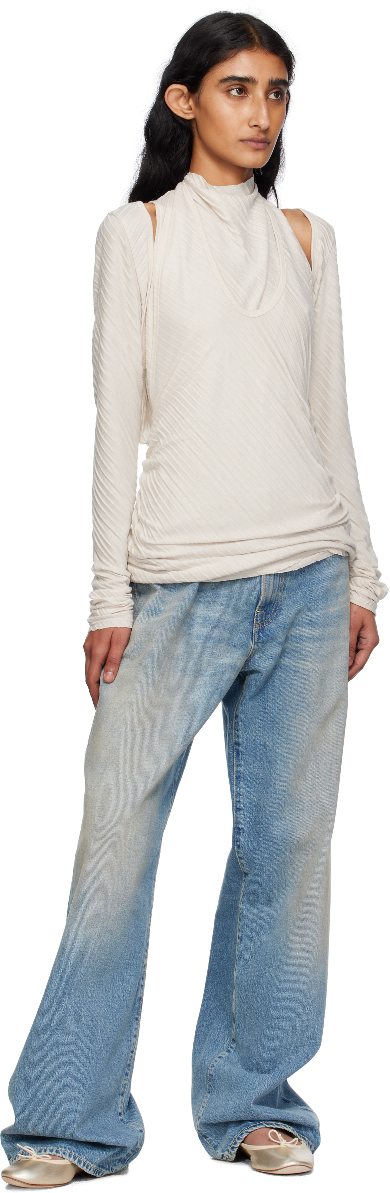 Open Yy Off-white Pleats Convertible Bolero Top In White