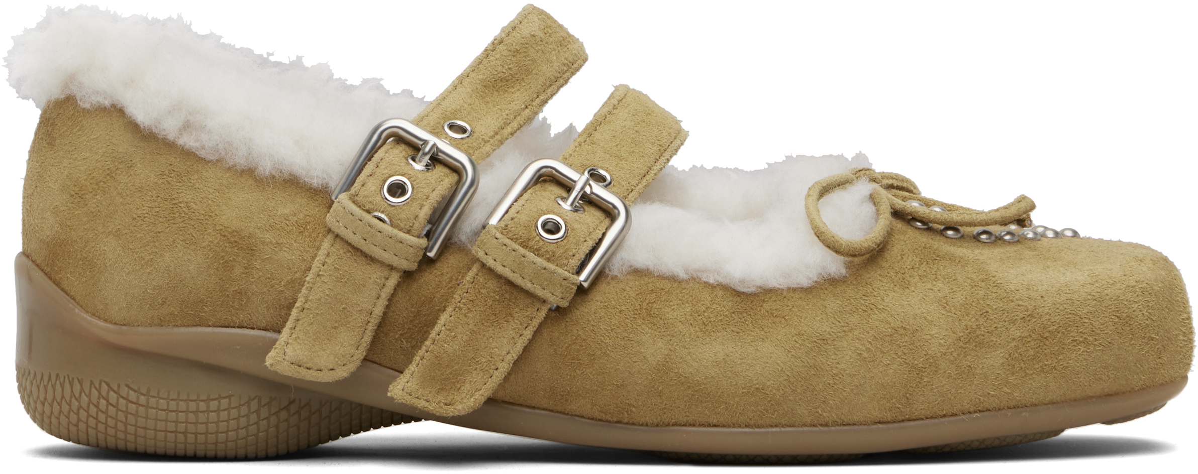 Open Yy Tan Shearling Heart Stud Ballet Flats In Brown