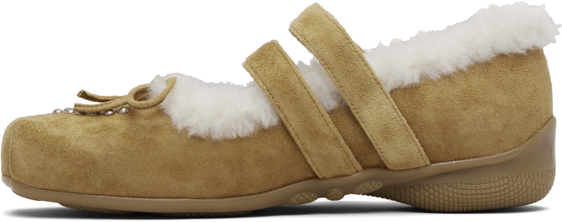 Open Yy Tan Shearling Heart Stud Ballet Flats In Brown
