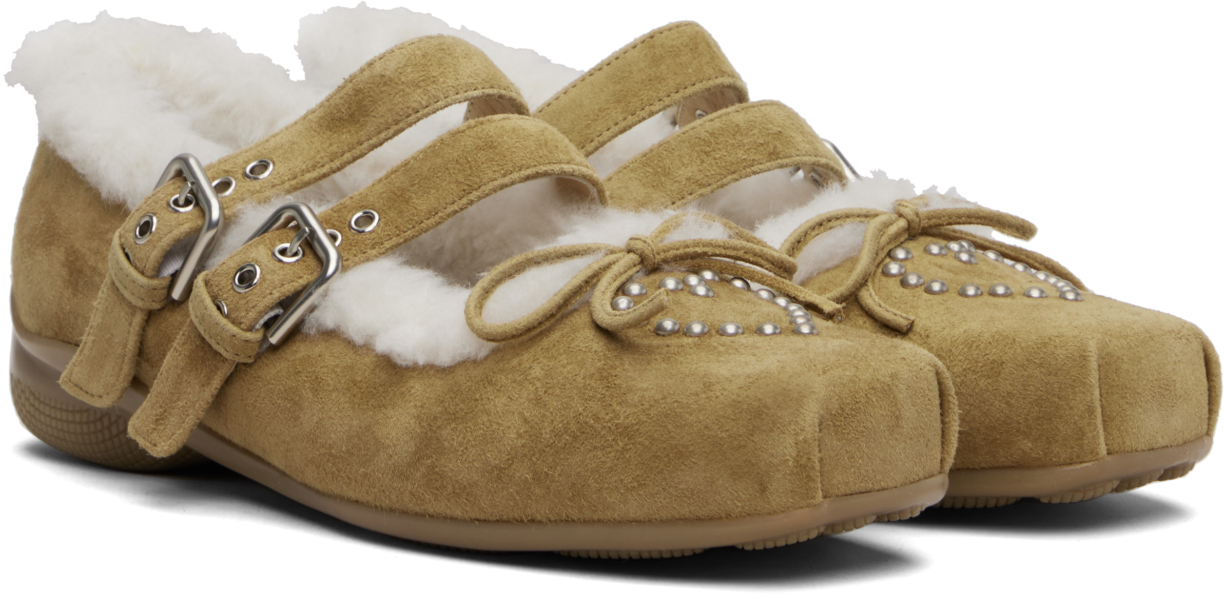 Open Yy Tan Shearling Heart Stud Ballet Flats In Brown