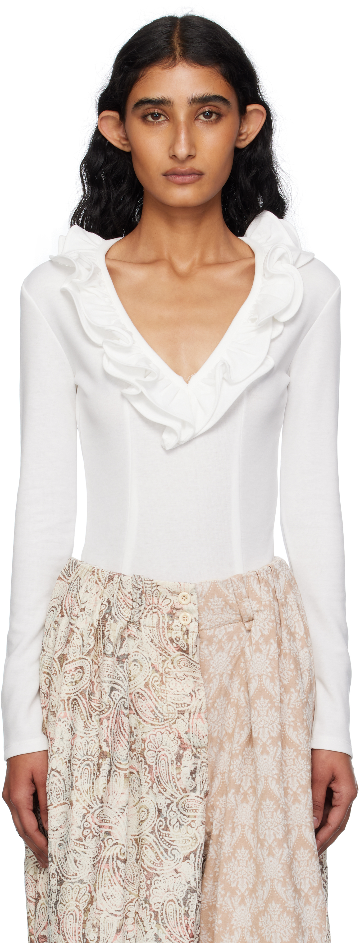 Open Yy White Ruffle Bodysuit In White