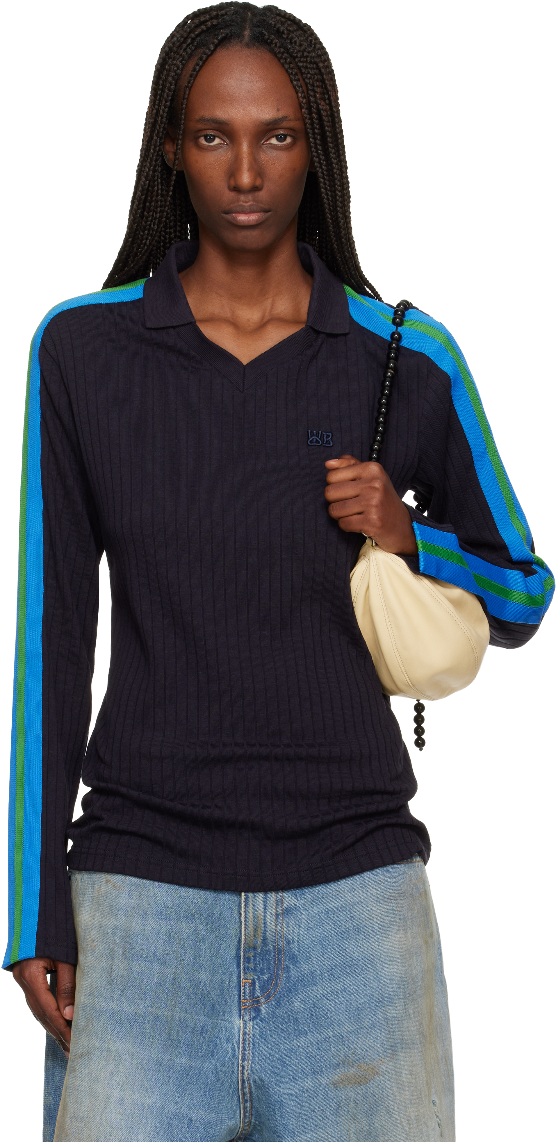 美品✨Wales Bonner The Roots Polo Shirt ニット Navy 'The Roots' Polo by Wales Bonner on Sale