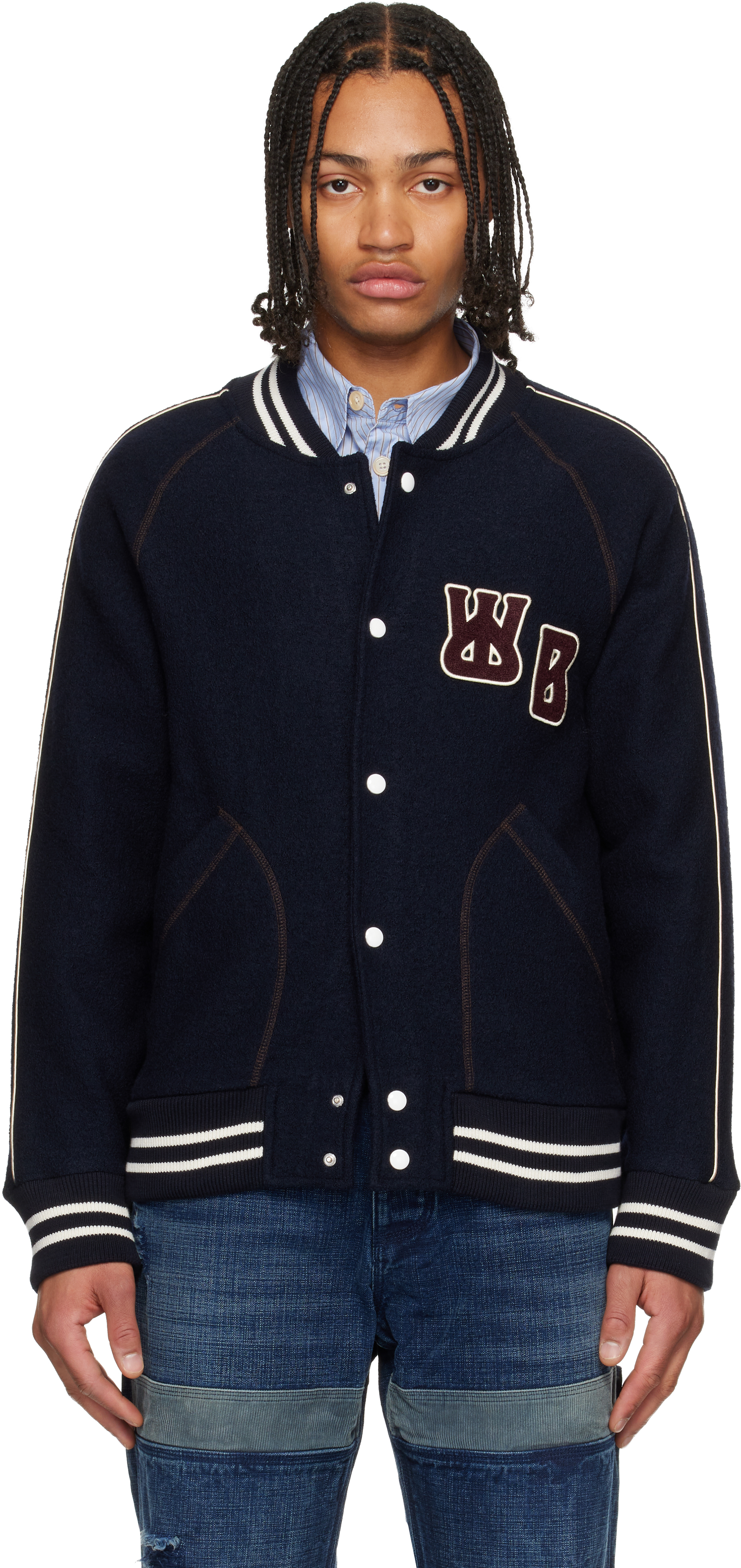 [わい]WALES BONNER Varsity Jacket Wales Bonner - Logo-Appliquéd Leather and Brushed Wool-Blend