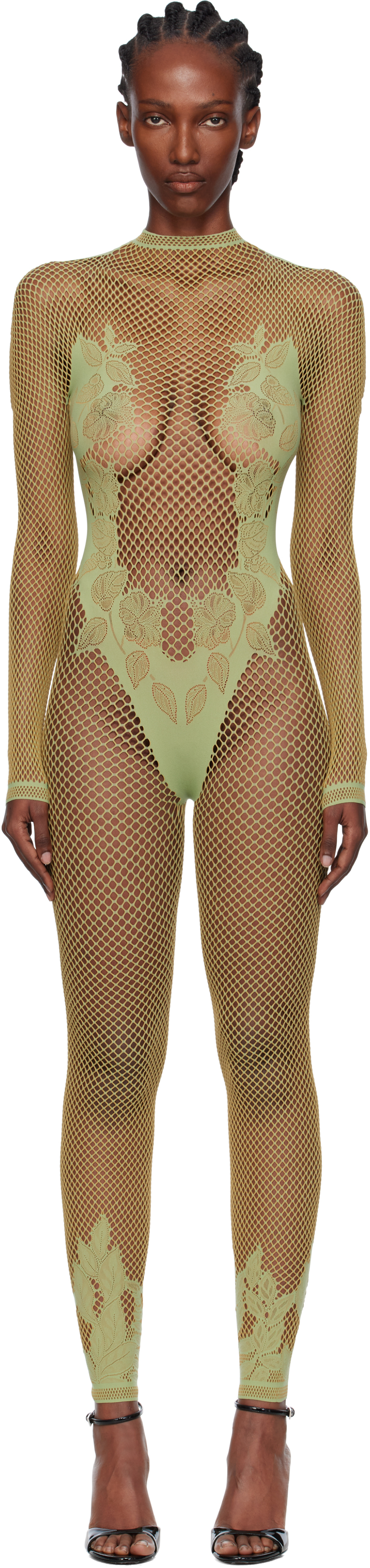 Poster Girl Green Leaves Fishnet Capri Jumpsuit In Gray