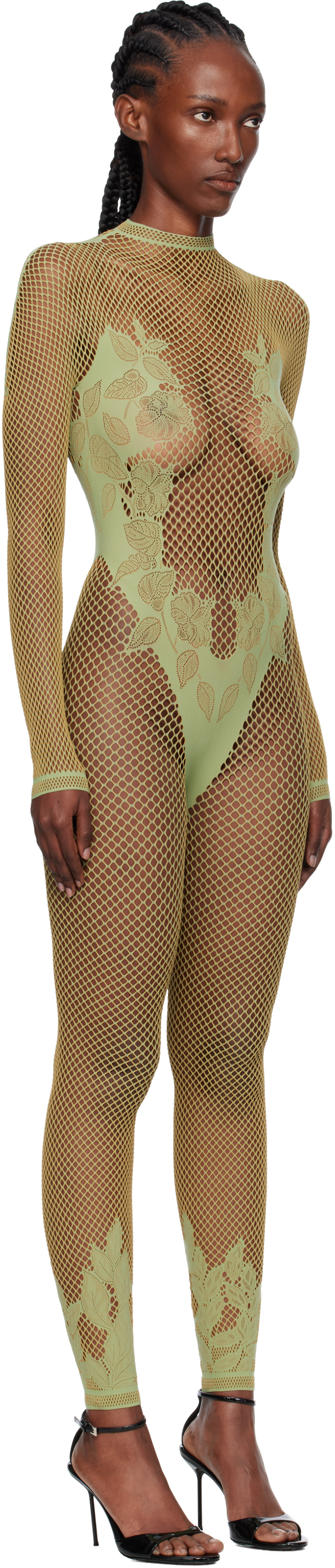 Poster Girl Green Leaves Fishnet Capri Jumpsuit In Gray