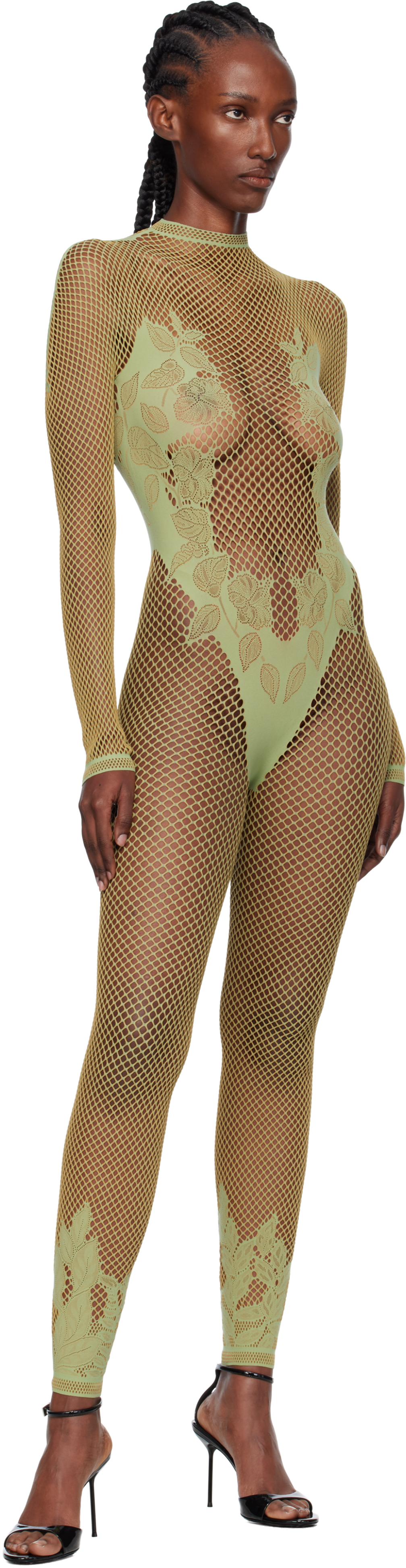 Poster Girl Green Leaves Fishnet Capri Jumpsuit In Gray