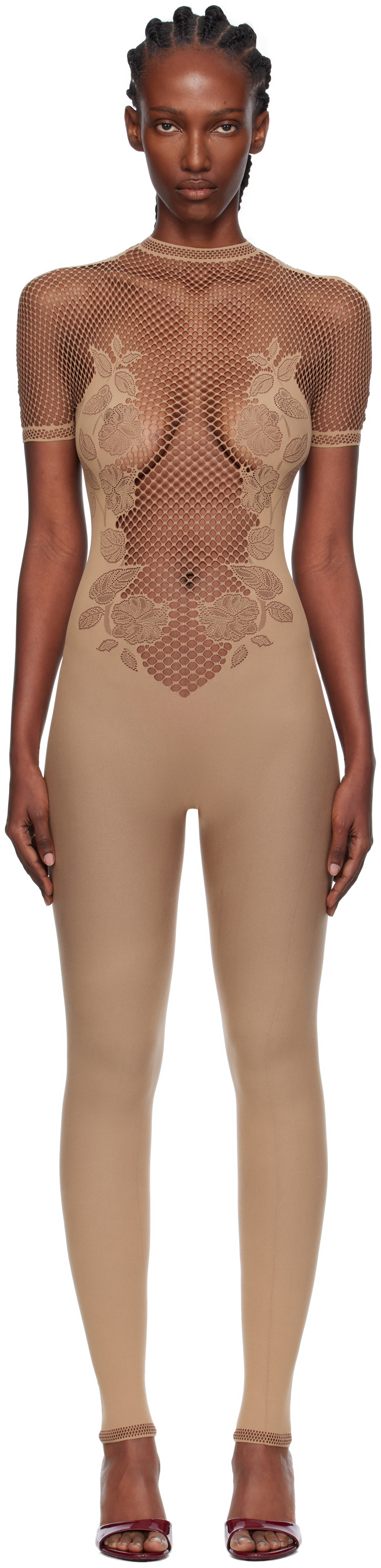 Poster Girl Beige Leaves Fishnet Jumpsuit In Neutral