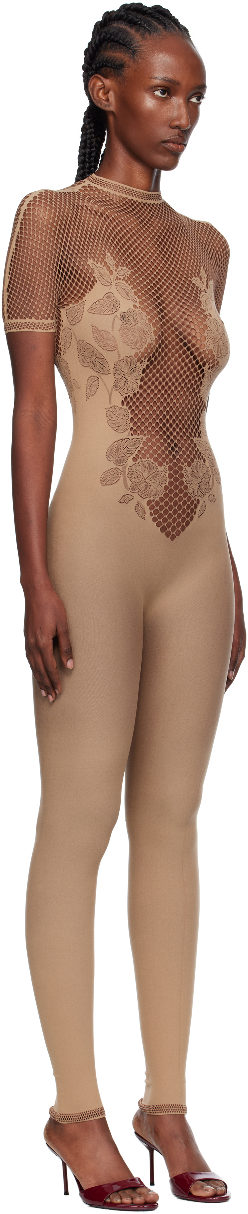 Poster Girl Beige Leaves Fishnet Jumpsuit In Neutral