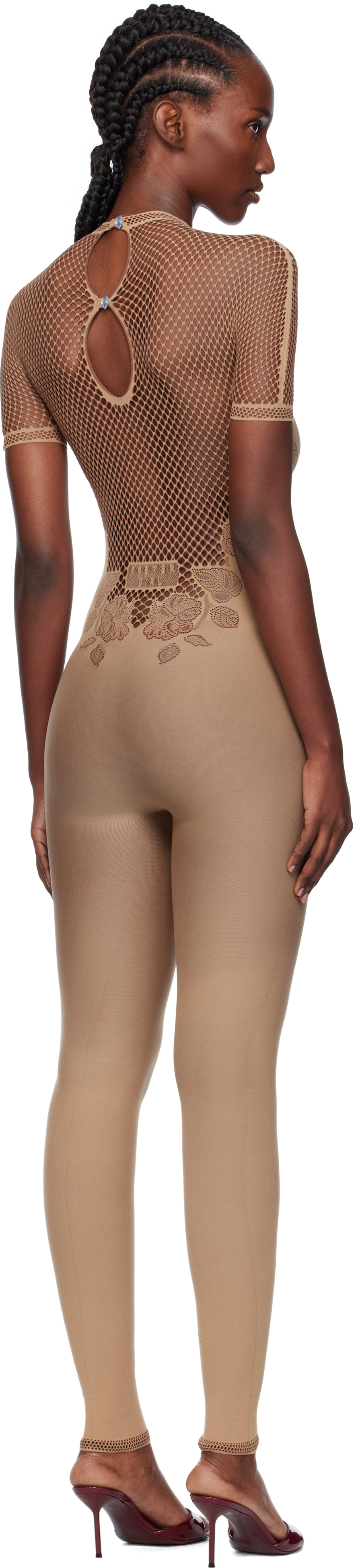 Poster Girl Beige Leaves Fishnet Jumpsuit In Neutral