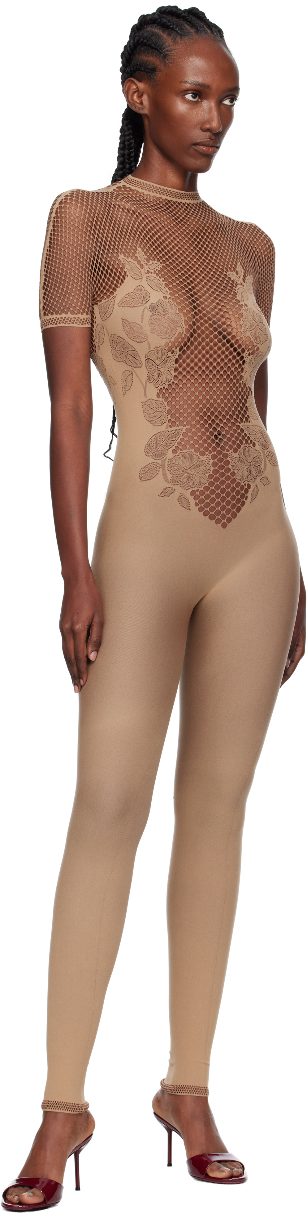 Poster Girl Beige Leaves Fishnet Jumpsuit In Neutral