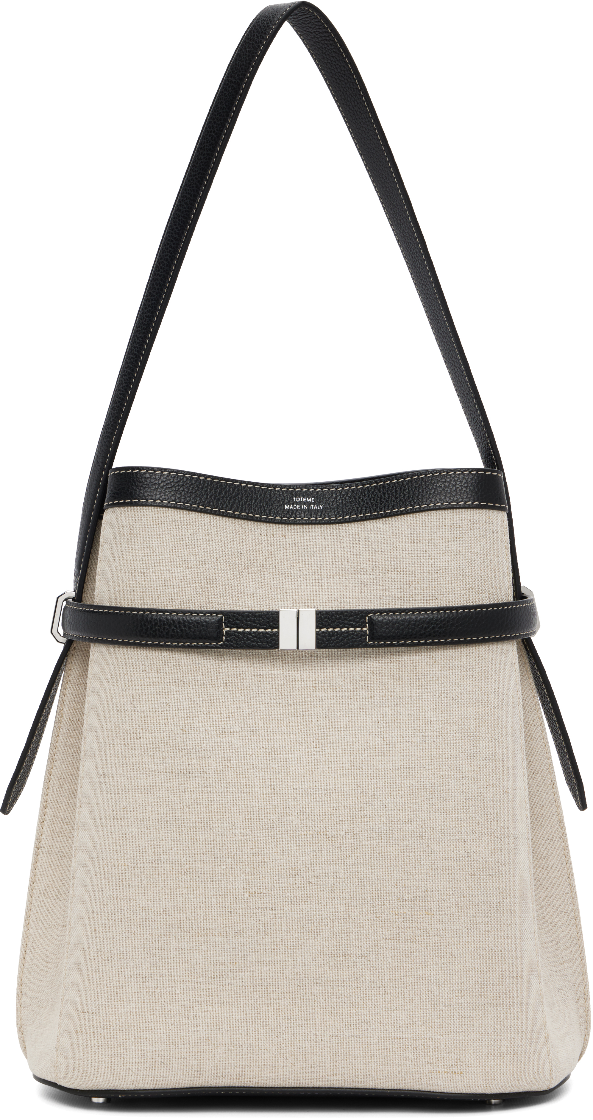 Beige & Black Belted Canvas Bucket Bag