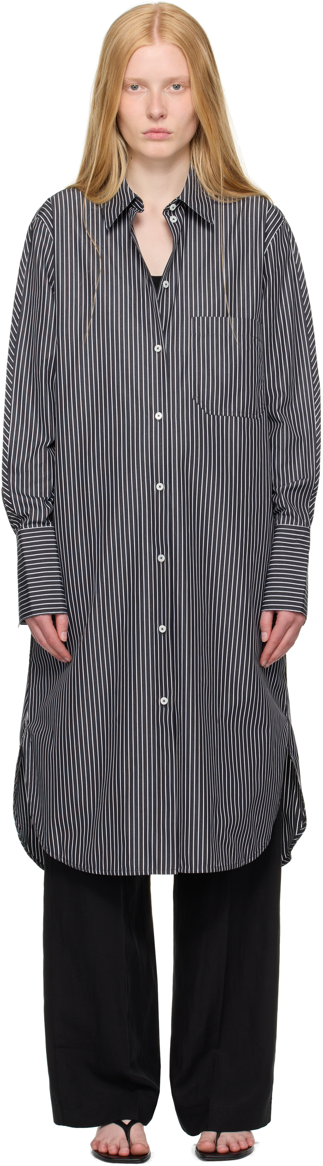 Black & White Striped Shirt Midi Dress