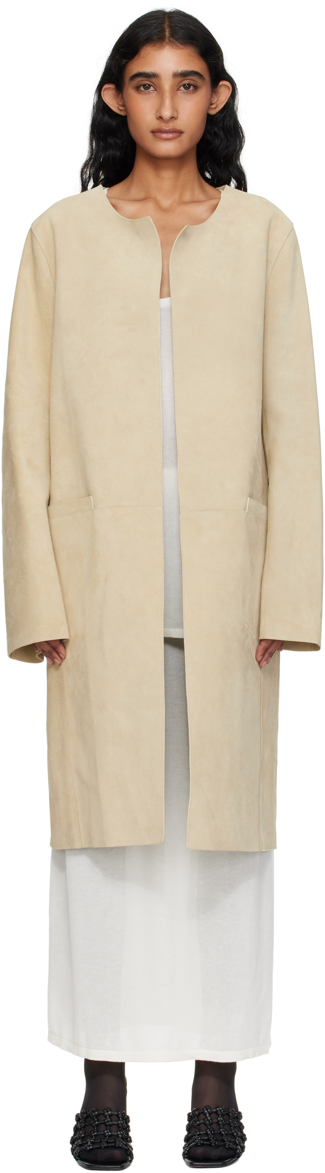 Beige Collarless Suede Coat
