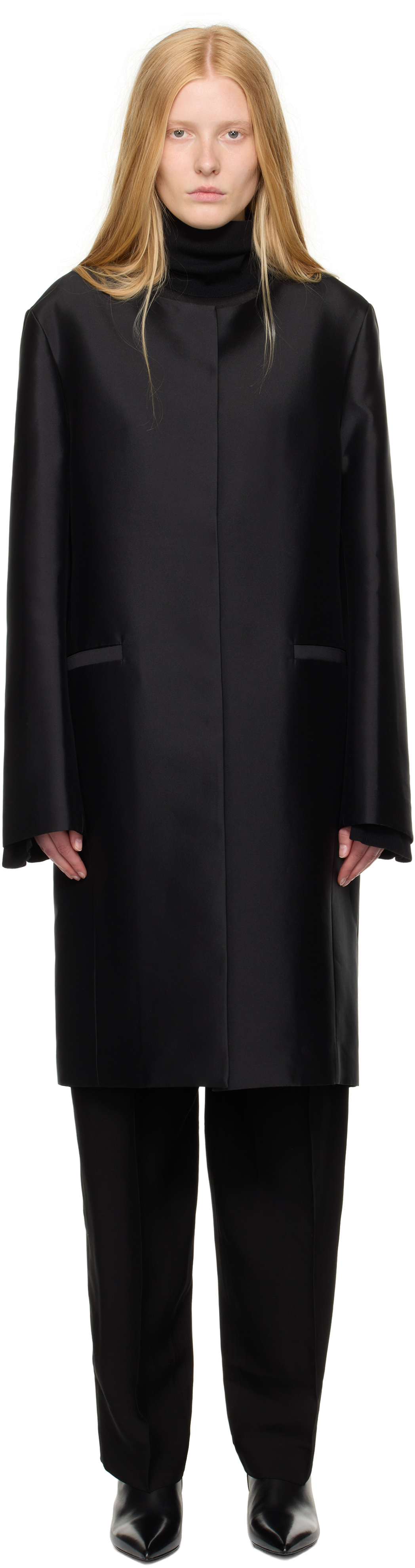 Totême Womens Collarless Tailored Long Silk Coat Black