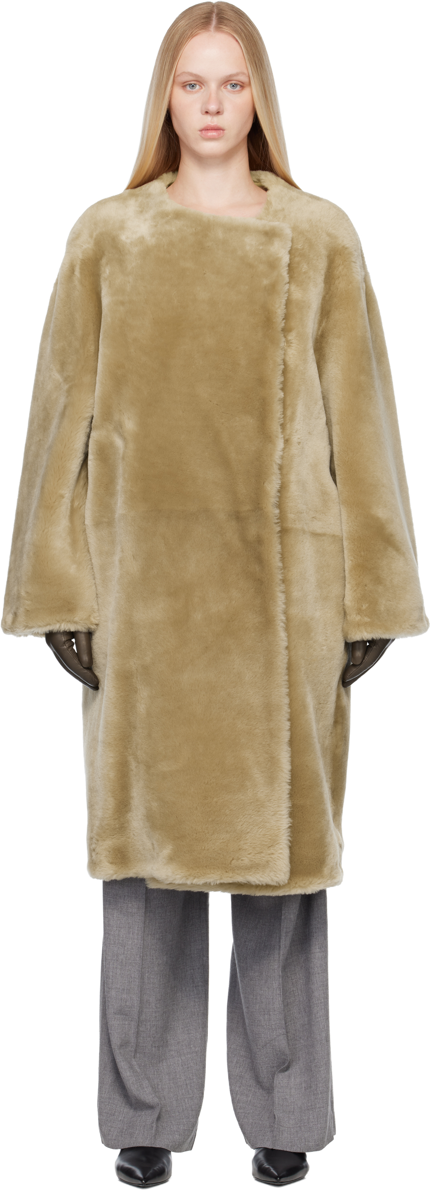 Totême Beige Collarless Shearling Coat In Brown