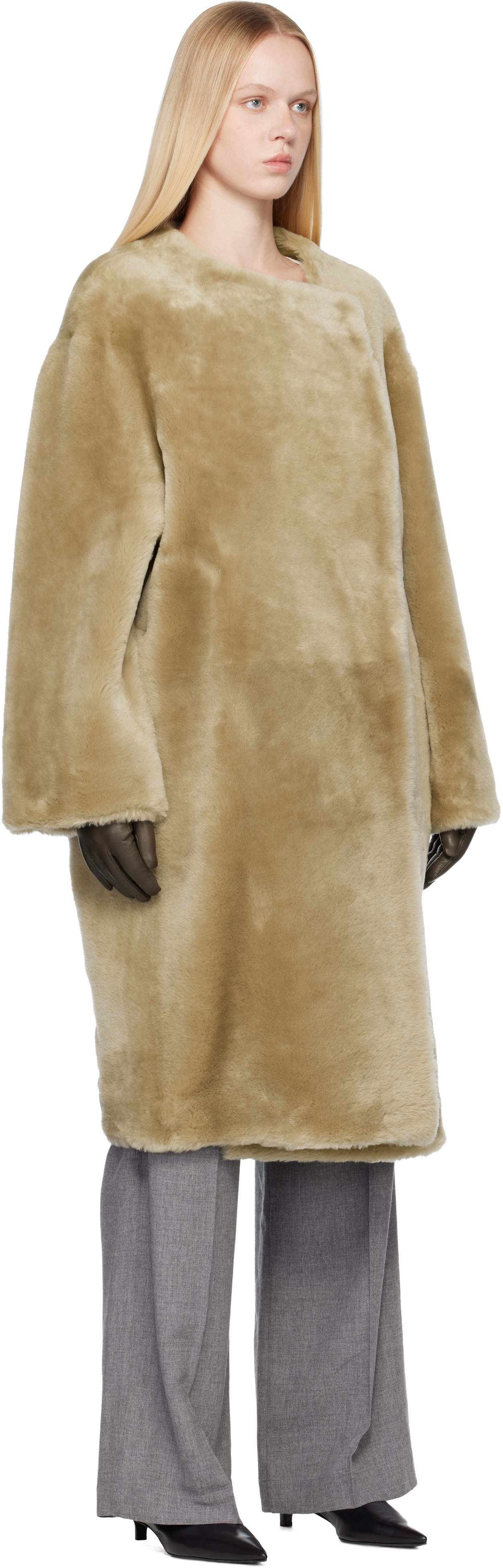 Totême Beige Collarless Shearling Coat In Brown