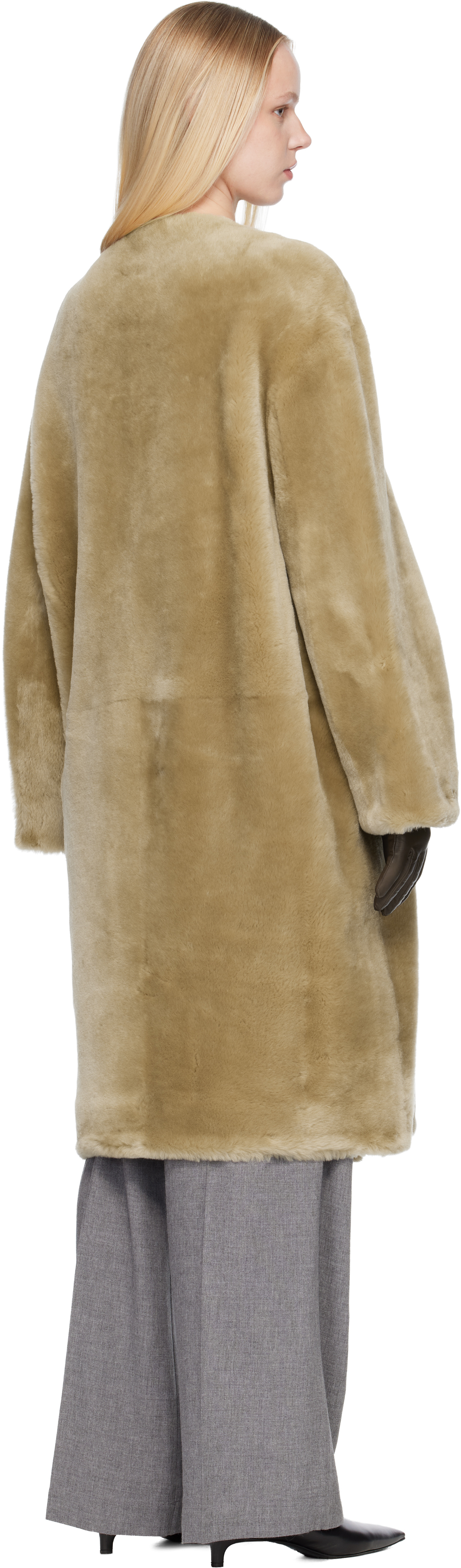 Totême Beige Collarless Shearling Coat In Brown