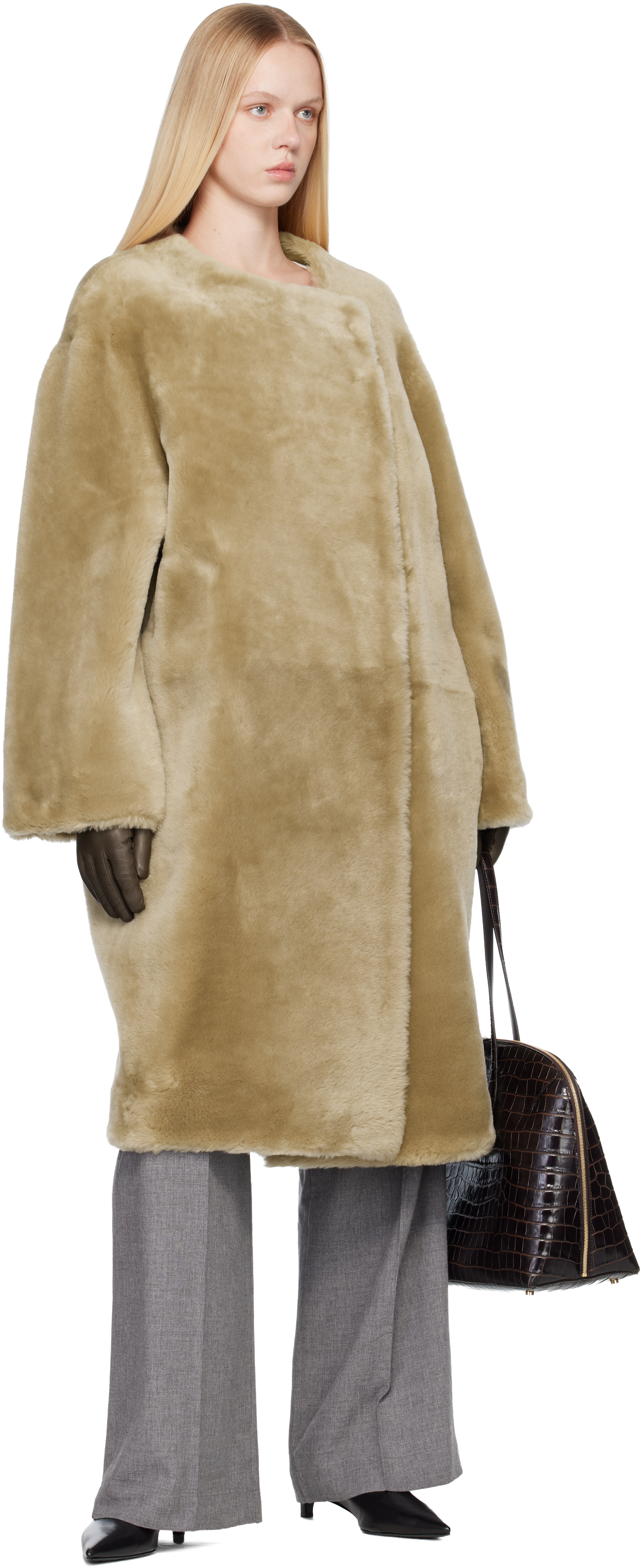 Totême Beige Collarless Shearling Coat In Brown