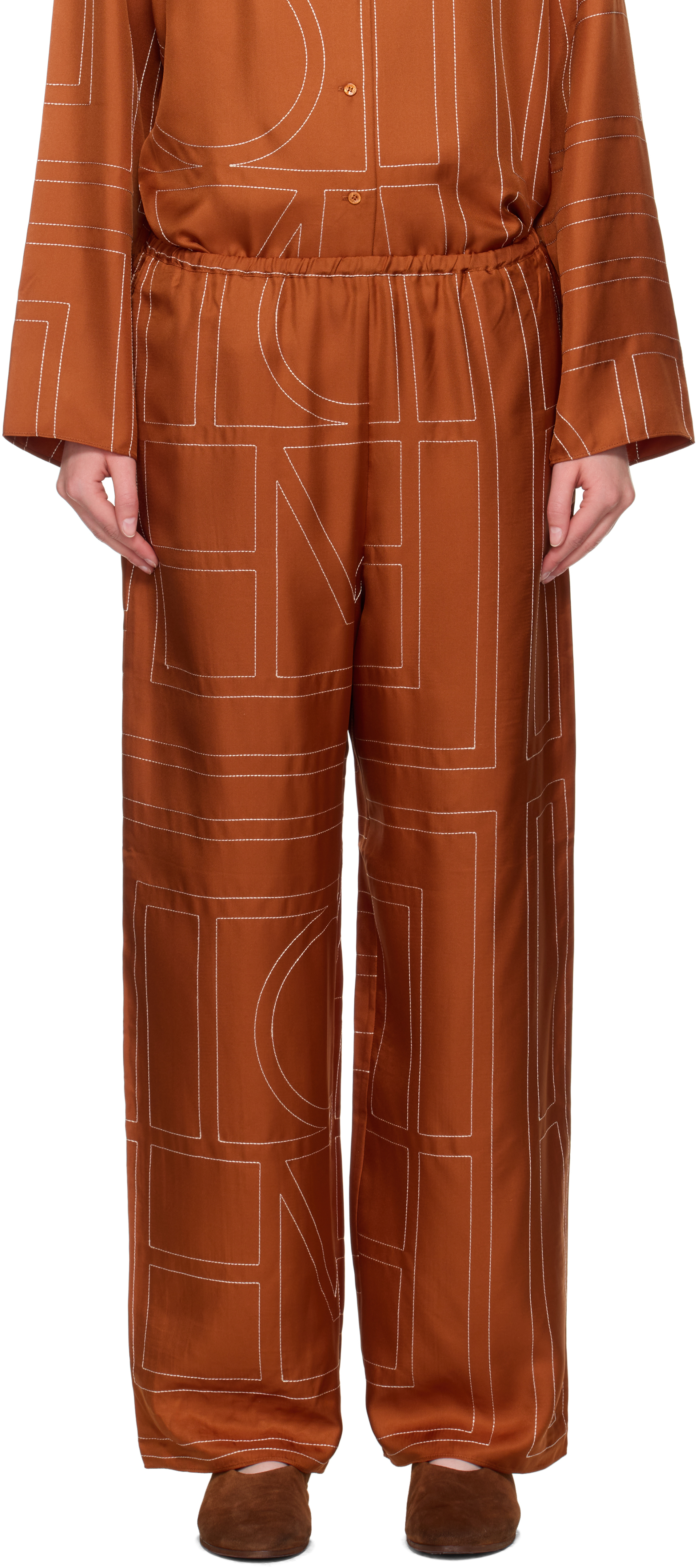 TOTEME Orange Monogram Silk PJ Lounge Pants