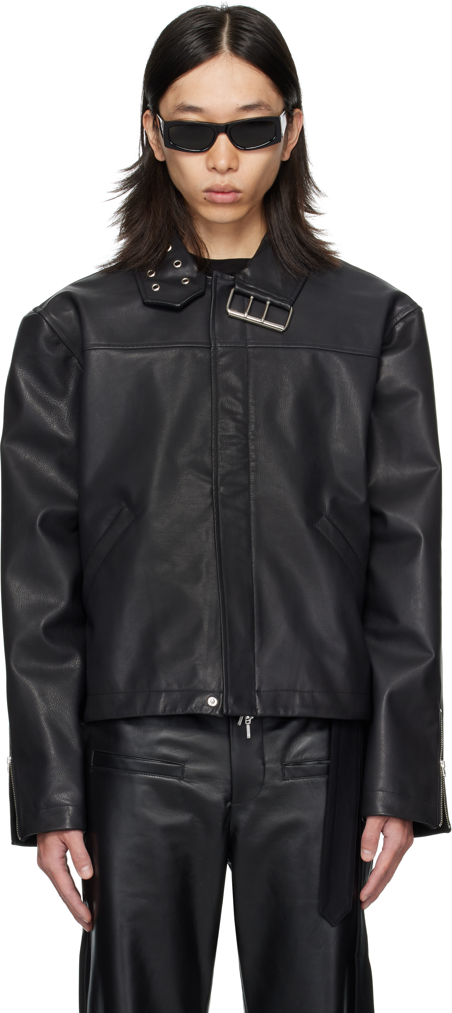 Av Vattev Black Collar Belt Leather Jacket In Black