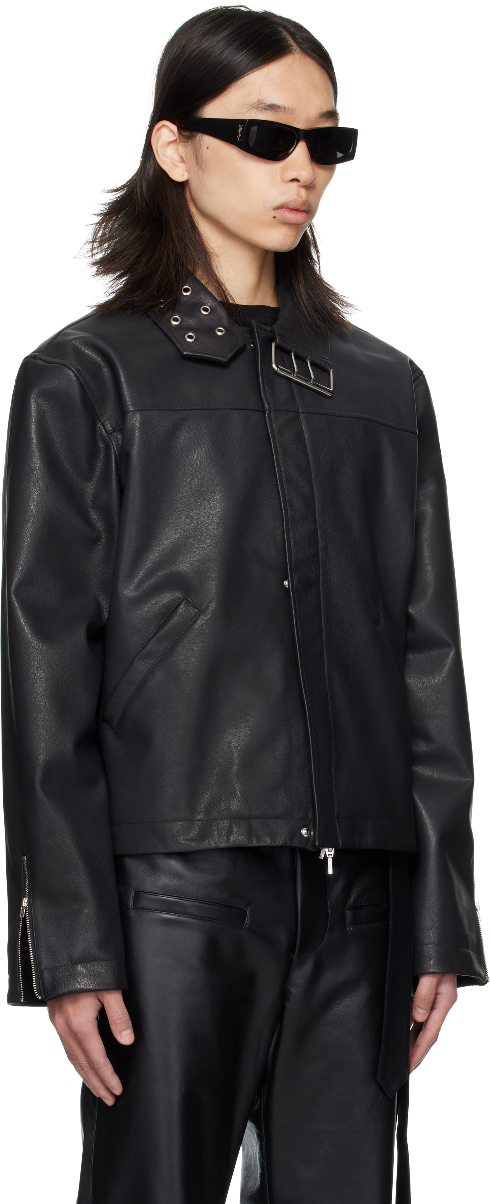 Av Vattev Black Collar Belt Leather Jacket In Black