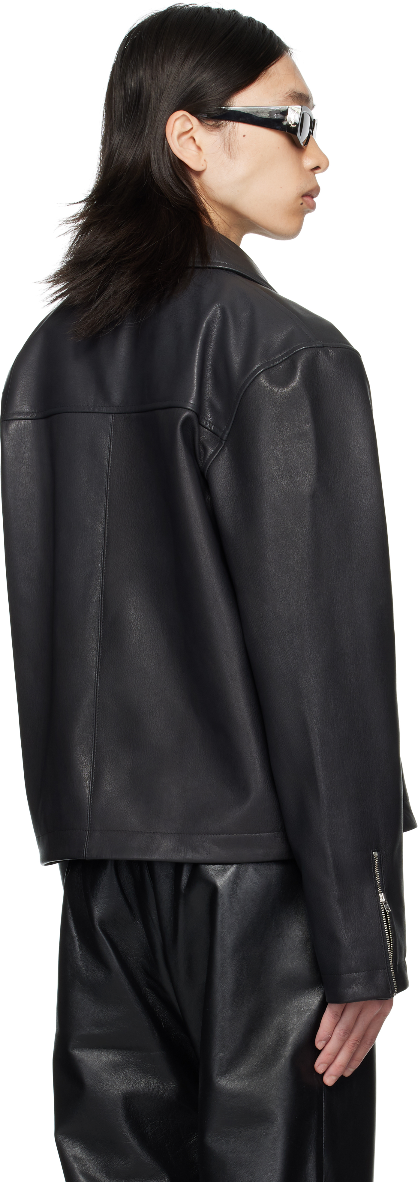 Av Vattev Black Collar Belt Leather Jacket In Black