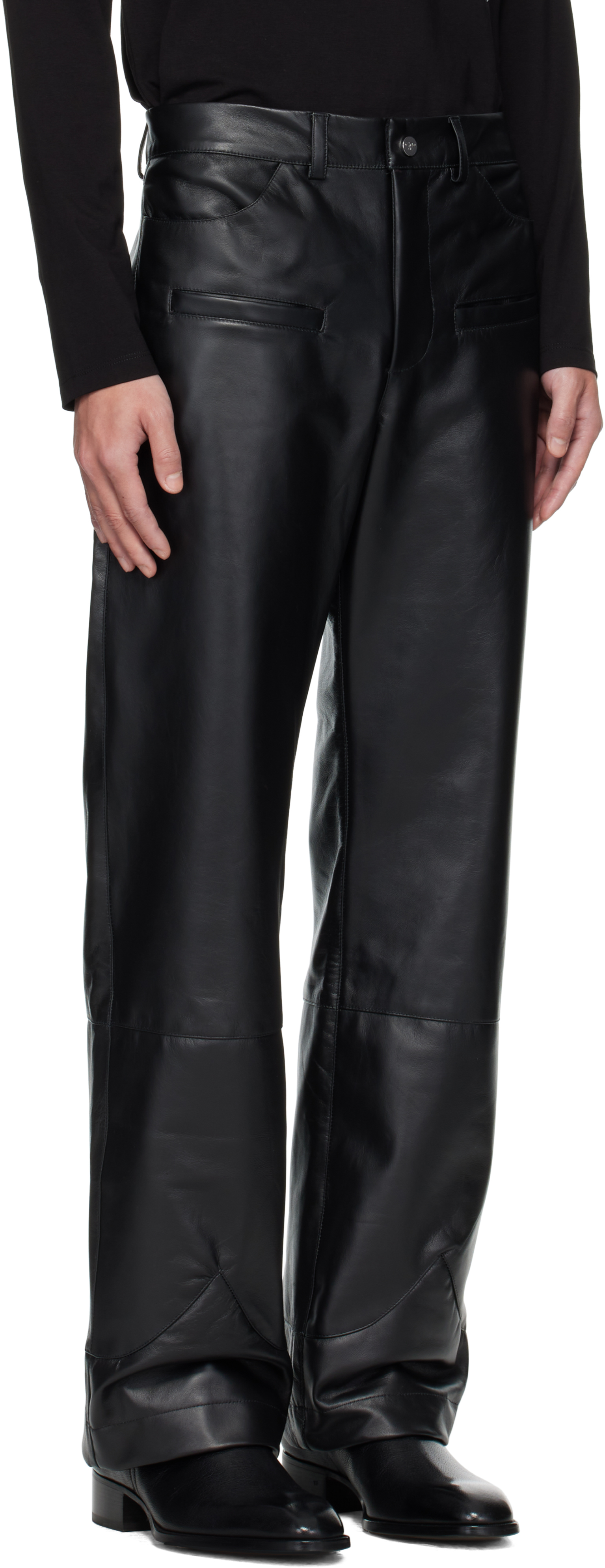 Av Vattev Black Boot Cut Cuff Leather Pants In Black