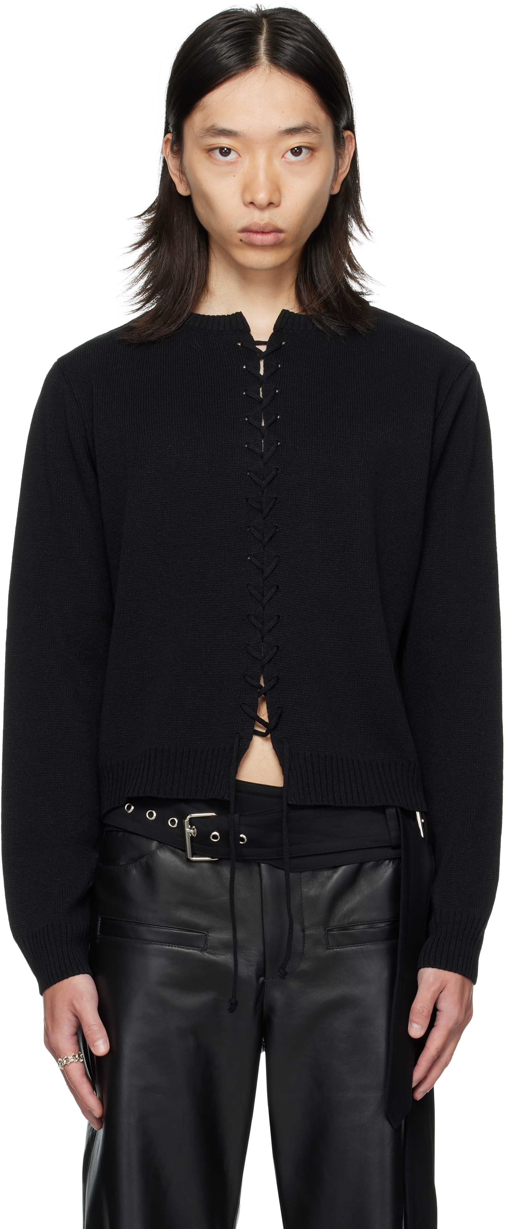 か*ー様 Antonio Vattev Av Vattev KNIT av vattev: Black Lace Up Knit Cardigan | SSENSE