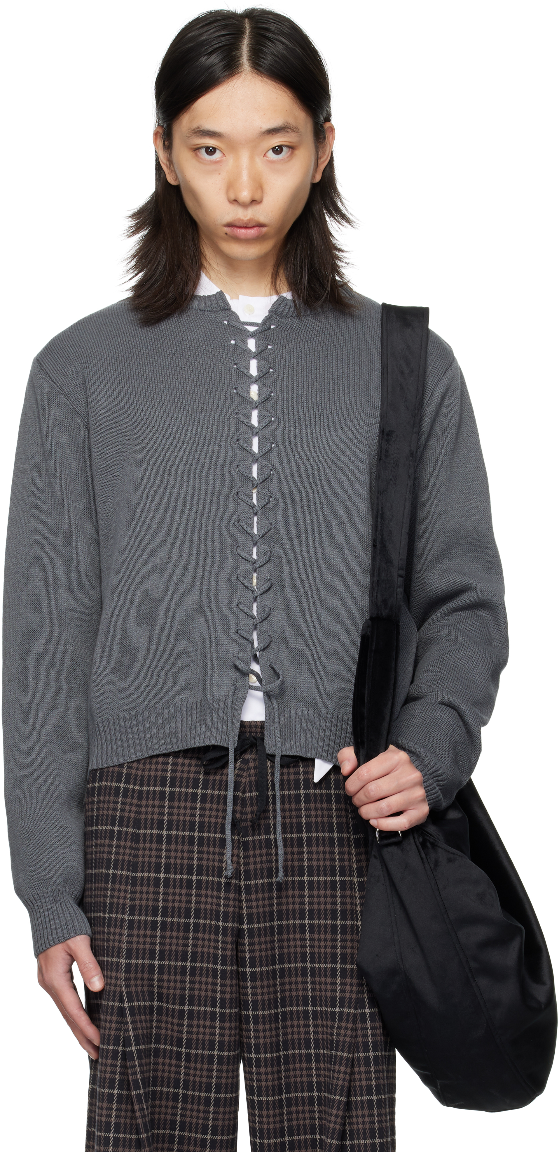 av vattev: Gray Lace Up Knit Cardigan | SSENSE