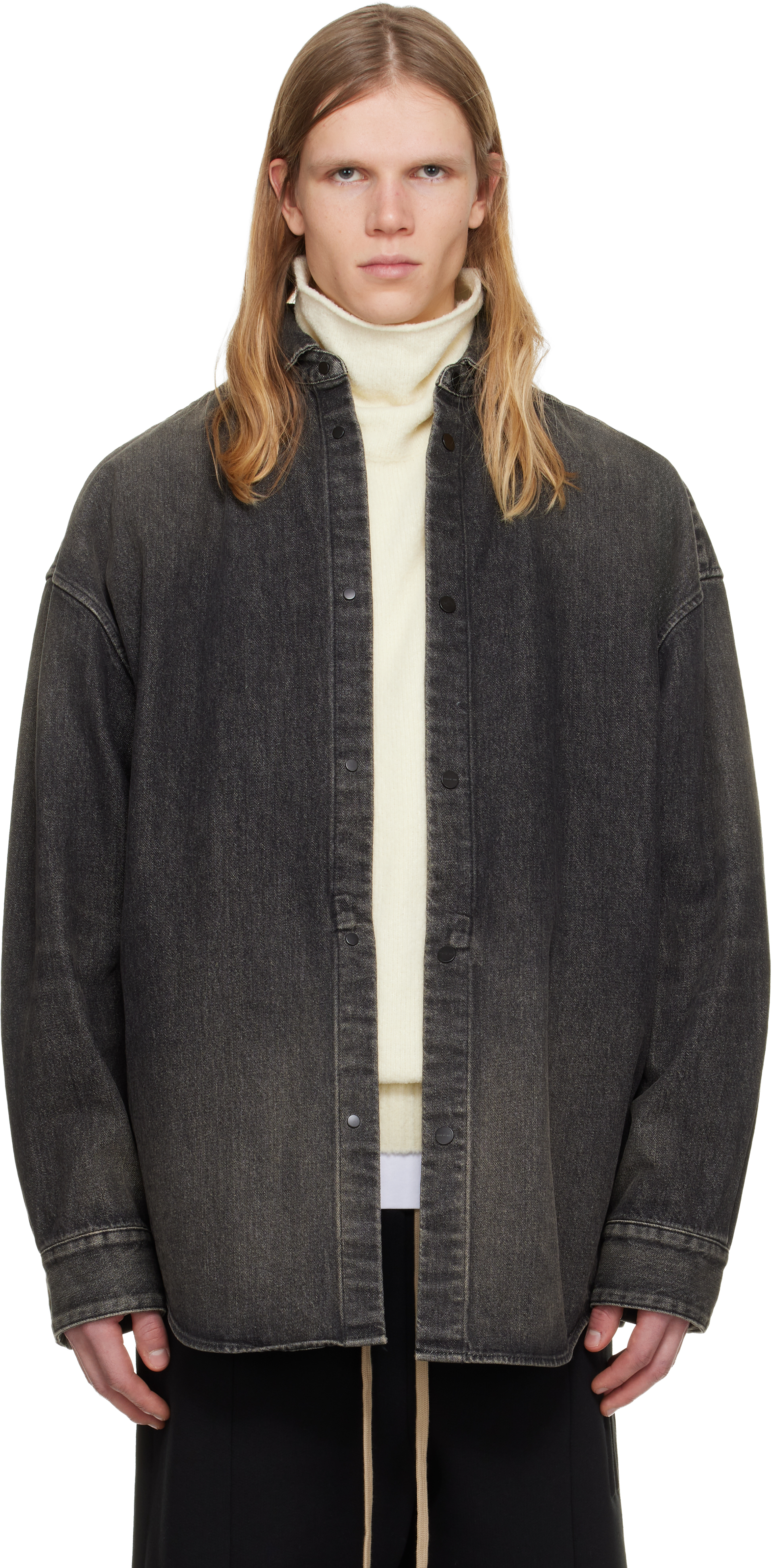 Black Snap Front Denim Overshirt by Fear of God on Sale