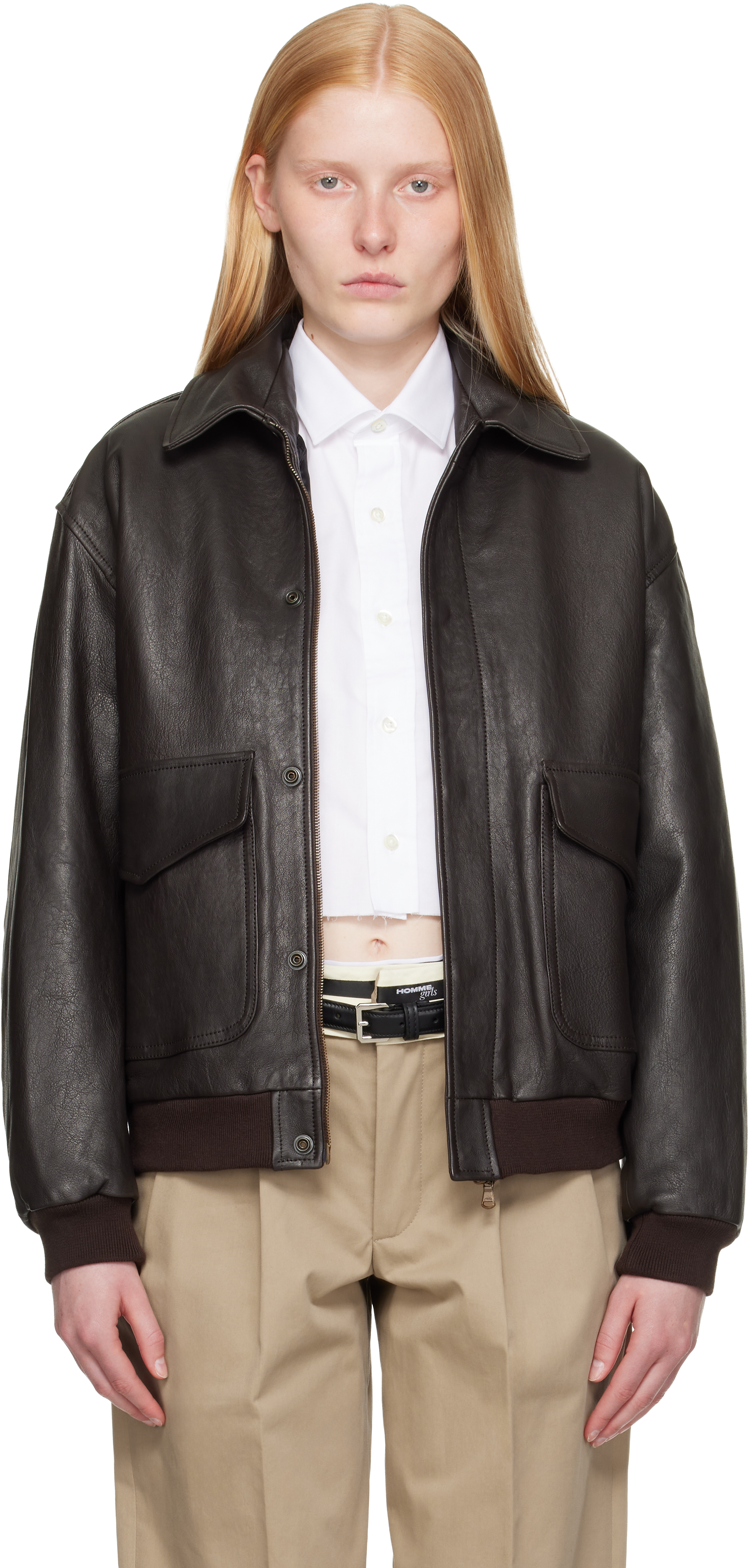 Brown Leather Bomber Jacket