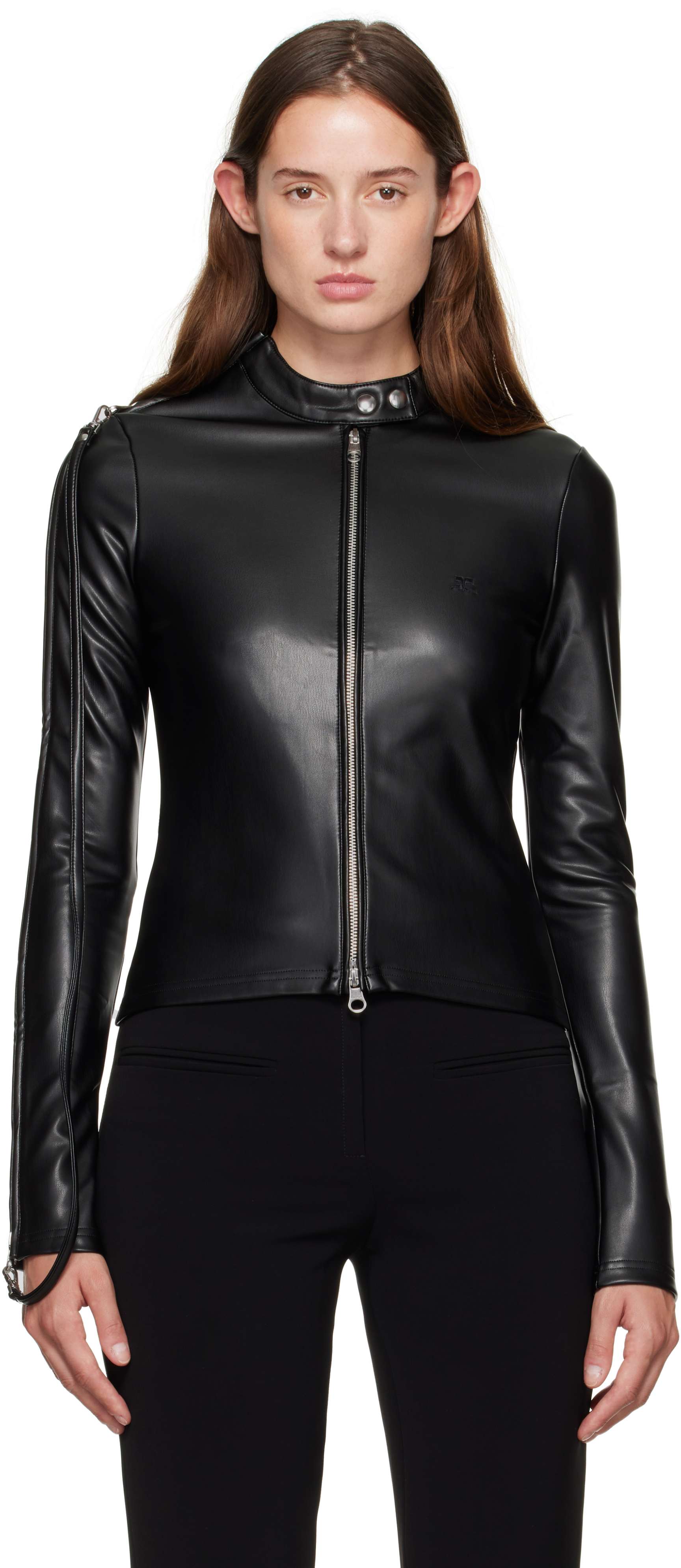 Courrèges: Black Zipped Biker Faux-Leather Top | SSENSE Courrèges: Black Zipped Biker Faux-Leather Top | SSENSE